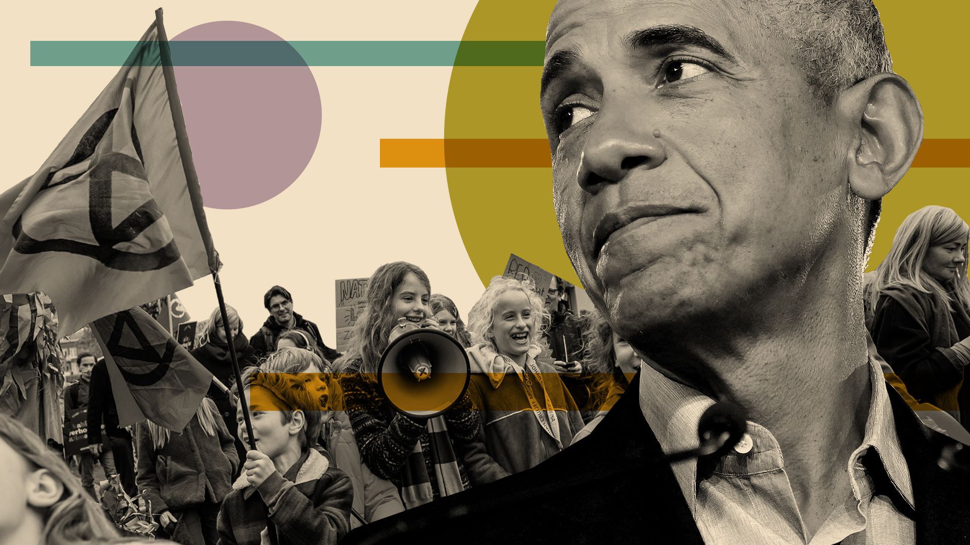 Photo illustration of President Barack Obama with protesting  children in the background