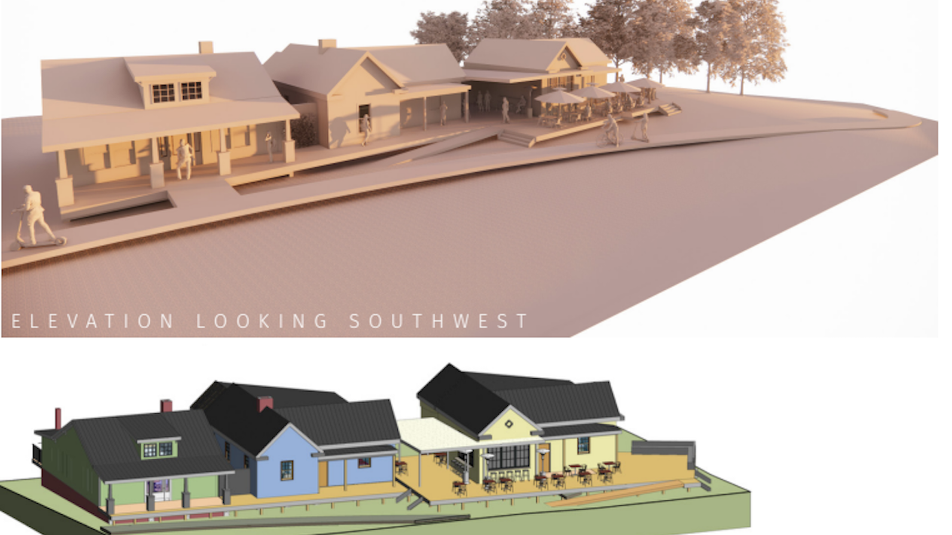 A rendering of three historic homes turned into retail spaces. 