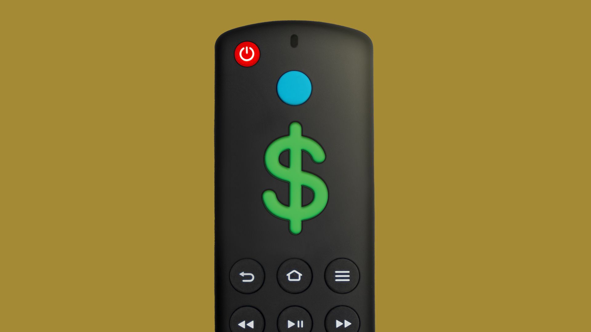 Black remote control with a large green dollar sign symbol in the center, a red power button, and a blue circular button, set against a mustard yellow background.