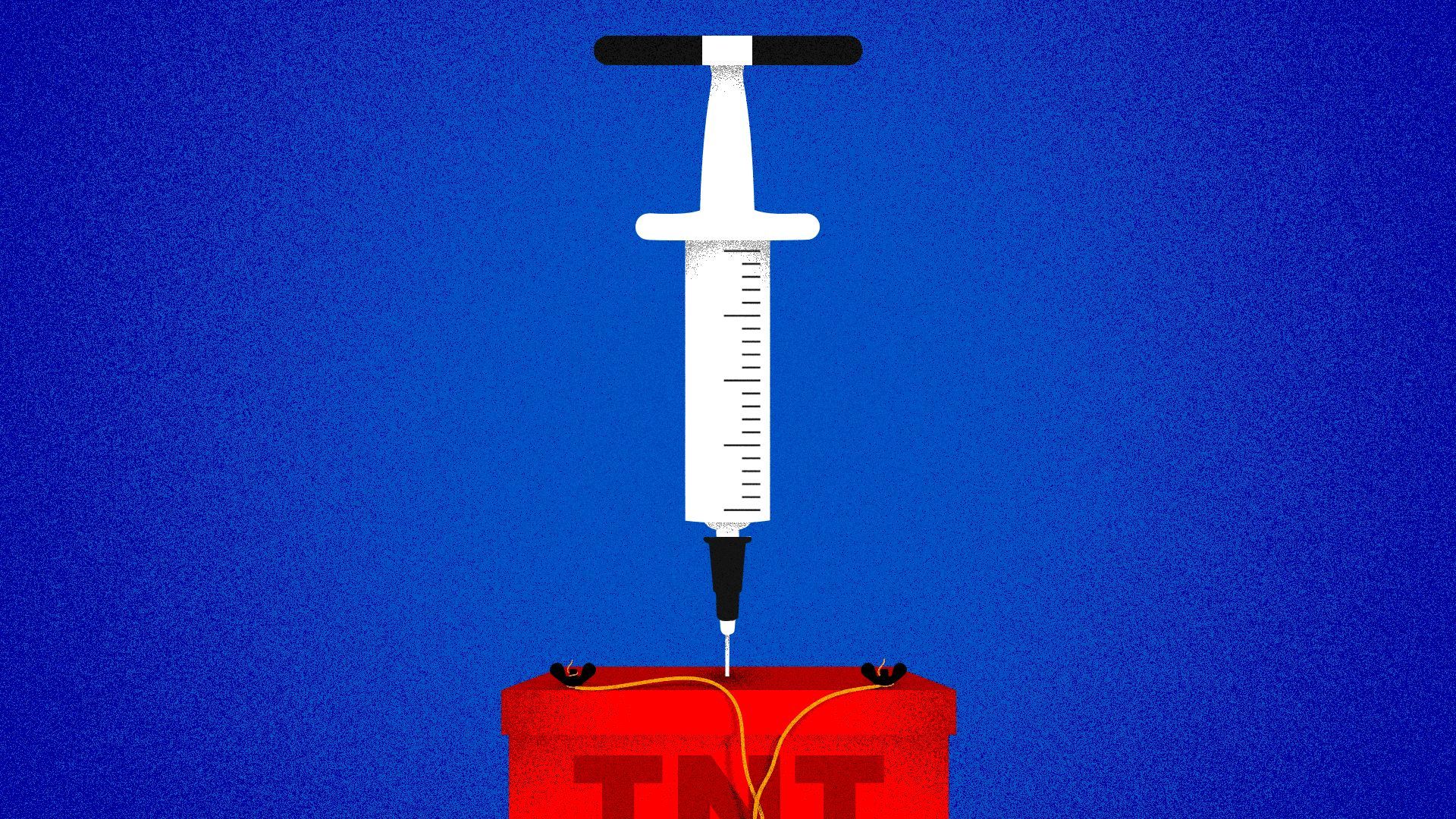 Illustration of a vaccine syringe replacing the handle of a TNT detonator.