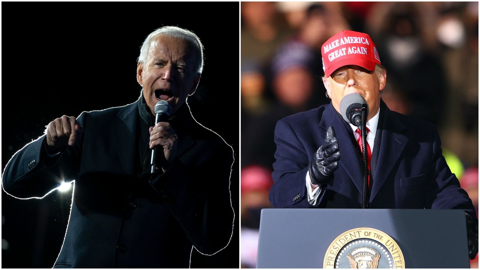 Democratic presidential nominee Joe Biden speaks during a drive-in rally in Pittsburgh, Pennsylvania, and President Trump at his campaign event in Traverse City, Michigan, on Nov. 2.