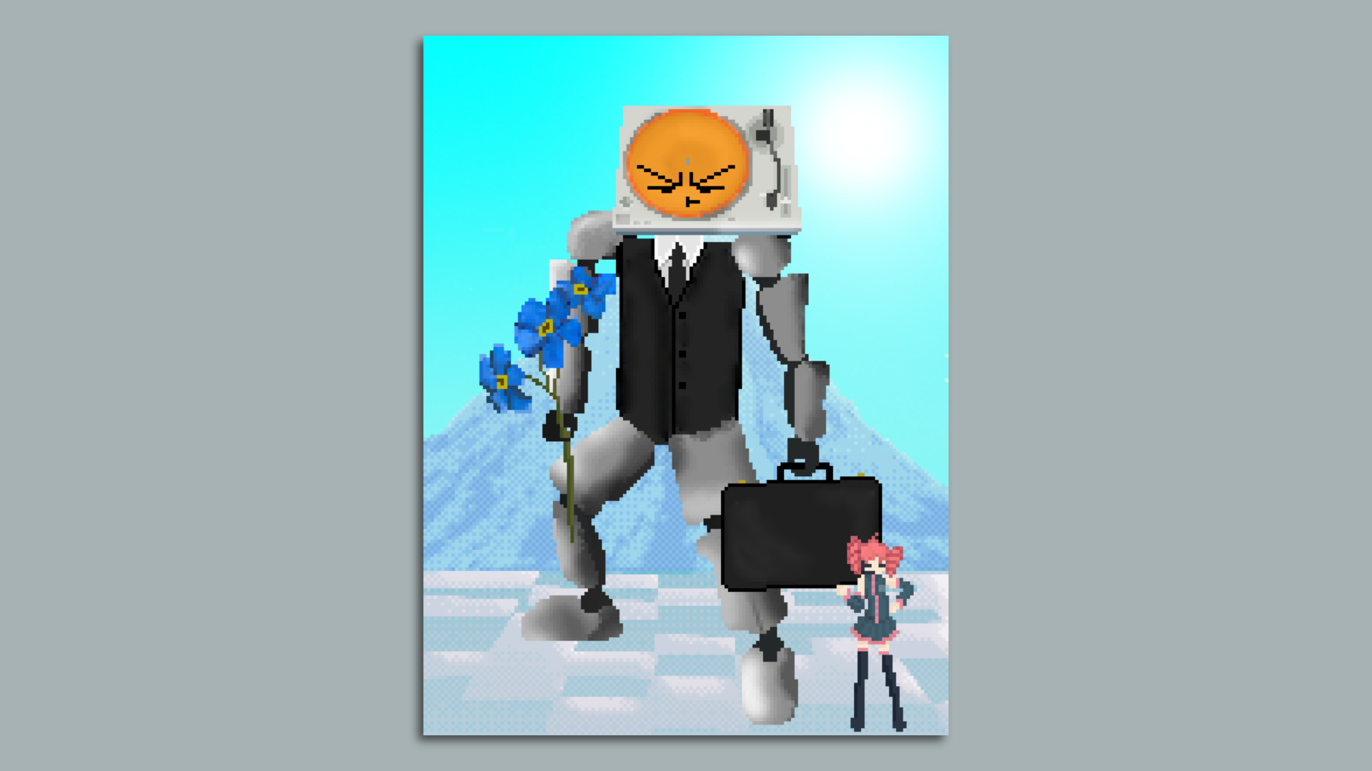 A strange sort of action figure-like video game character constructed out of strange internet artifacts and a head that looks like a record player. 