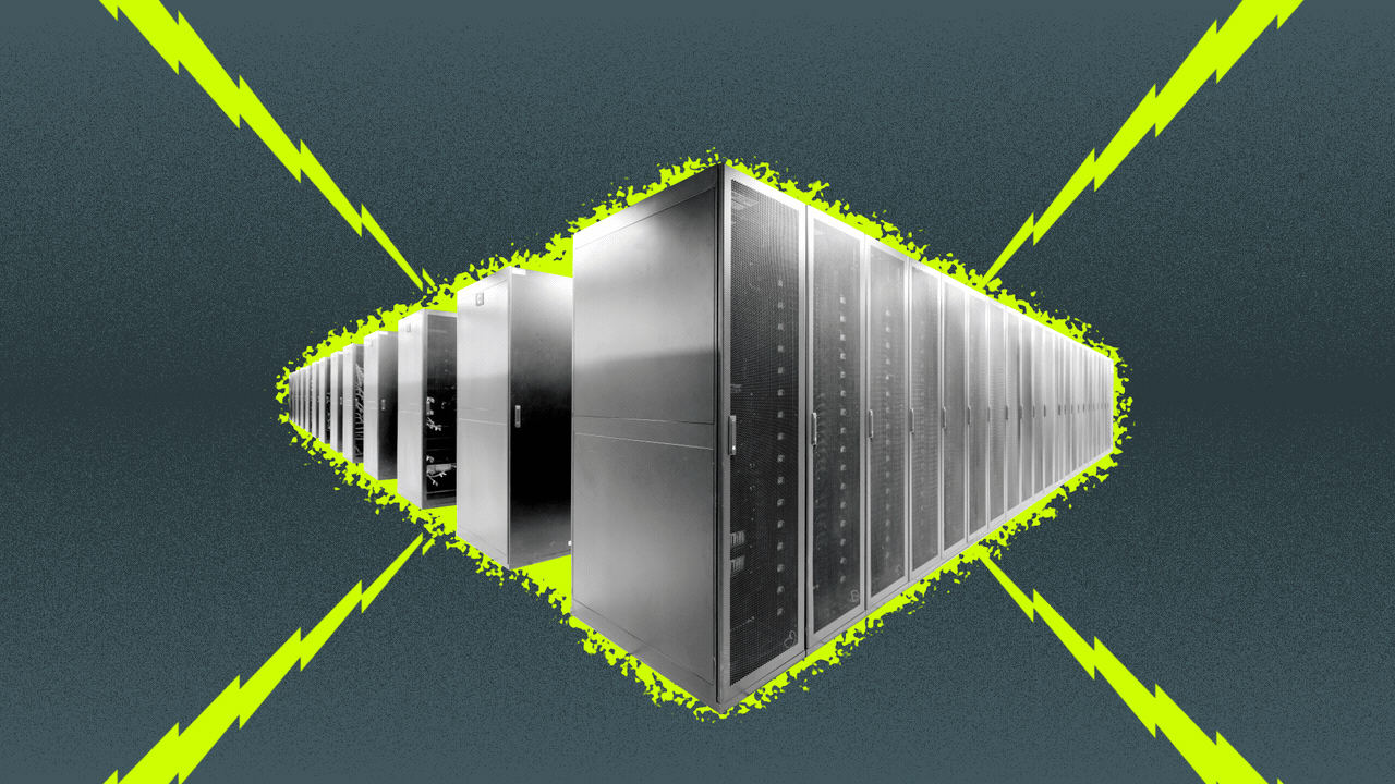 Animated illustration of a glowing data center with four bolts of lightning feeding electricity into it.