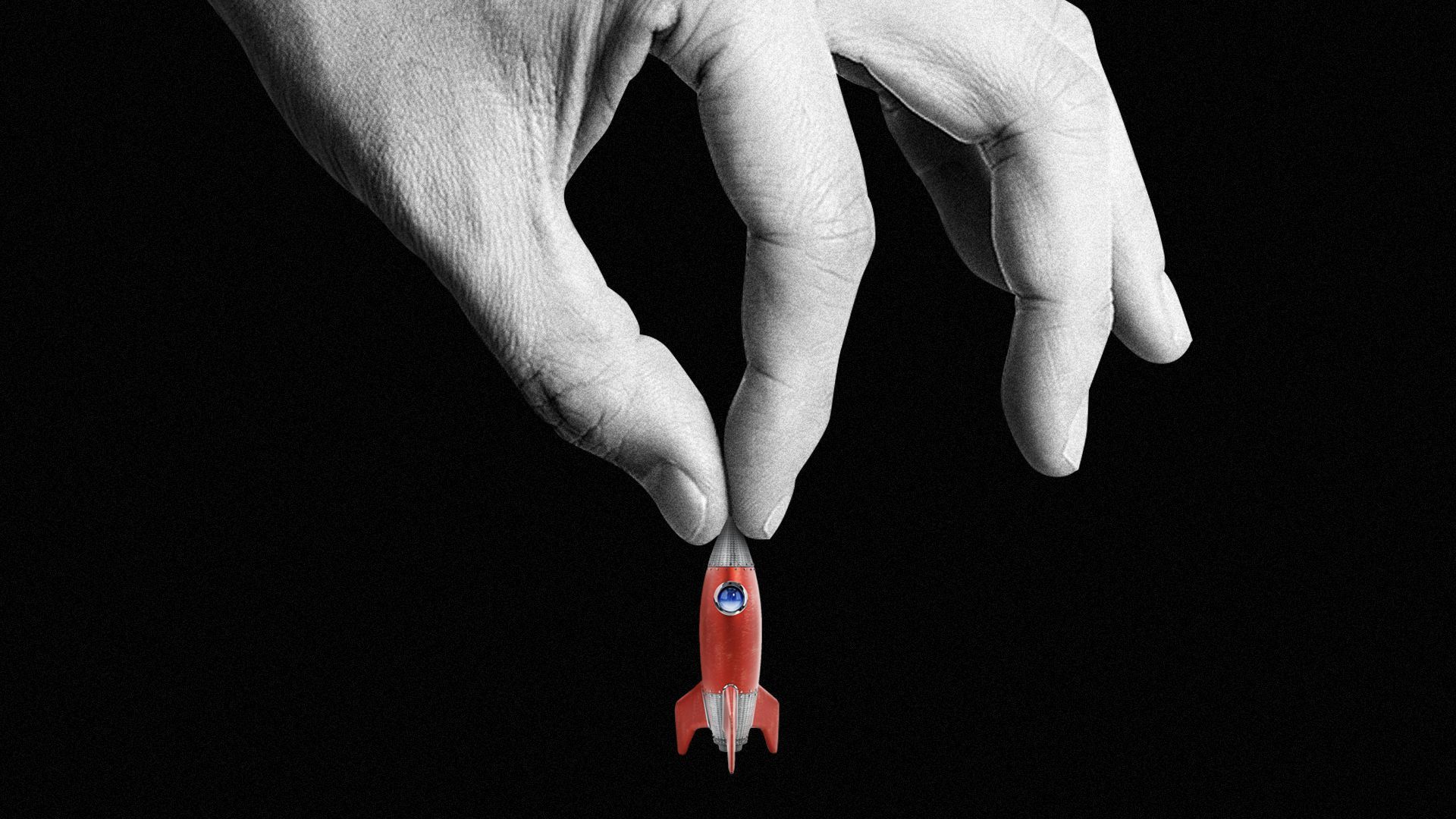 Illustration of a giant hand holding a rocket between its thumb and forefinger