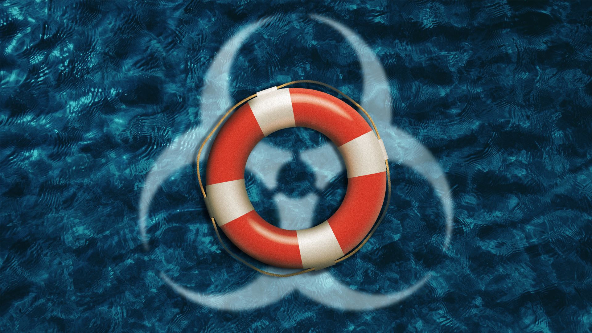 Illustration of a life preserver ring floating in water with a biohazard symbol