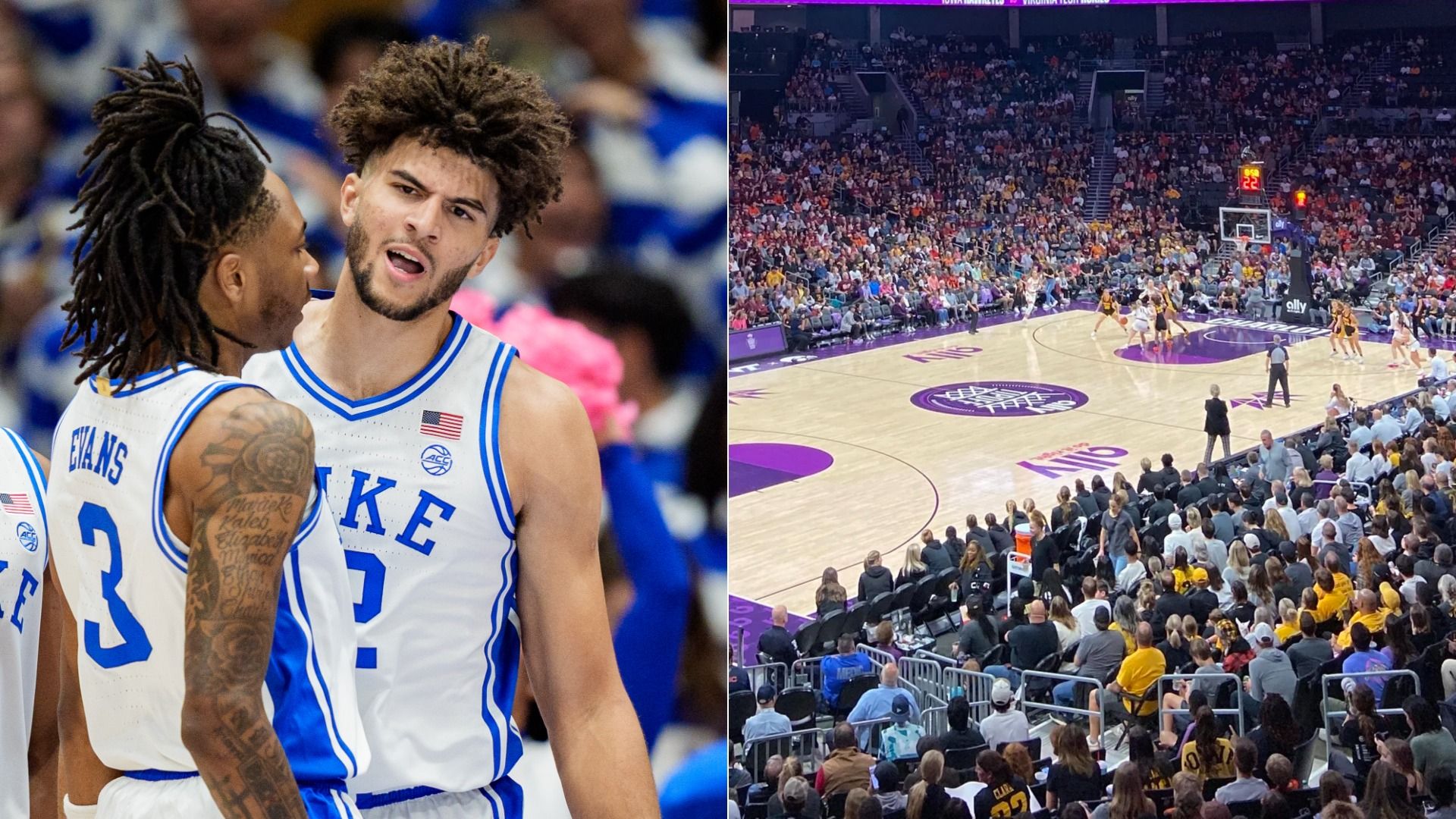 Left: Two Duke basketball players in white and blue uniforms, one with dreadlocks and tattoos, talking intensely. Right: Packed arena viewing a live basketball game on a polished court.