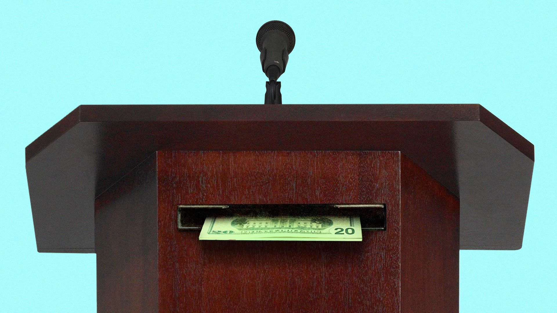Illustration of a podium with a slot extruding twenty dollar bills