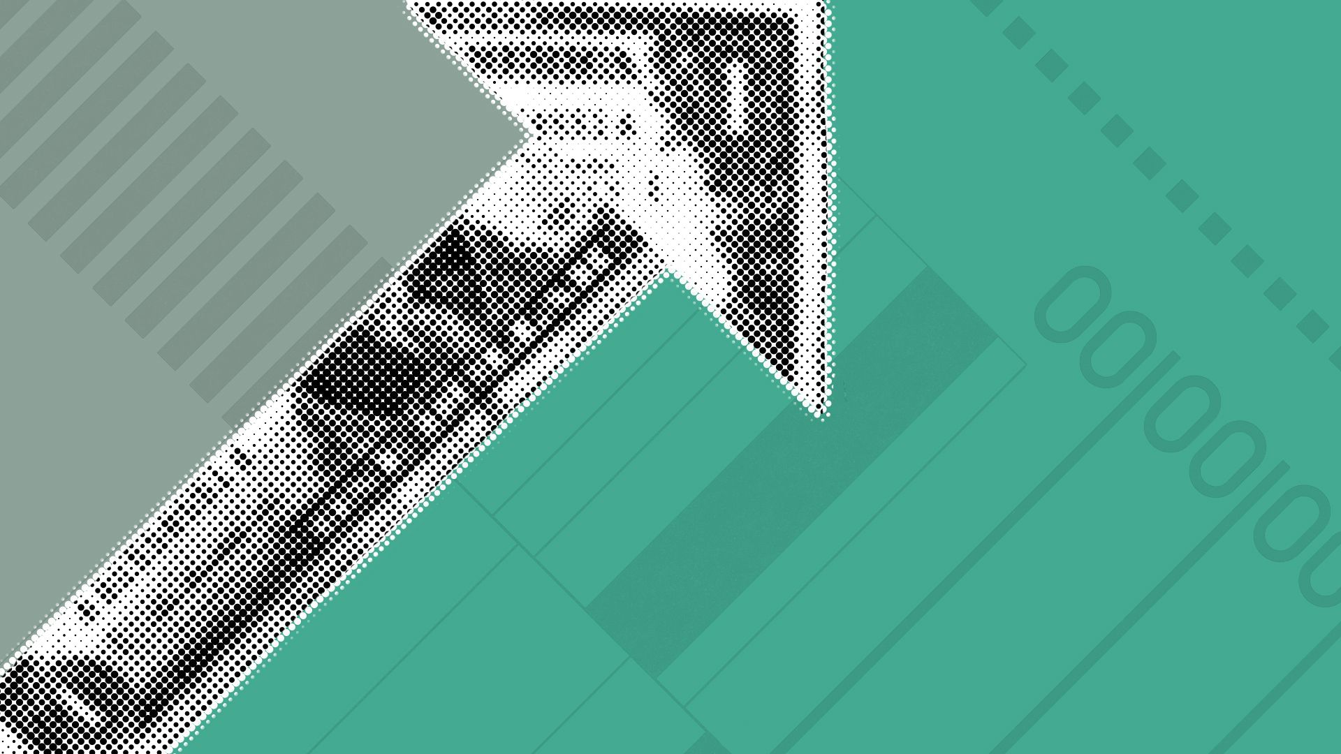 Illustration of a dollar folded into an arrow, separating color blocks of green and gray, with elements of ballots behind it. 
