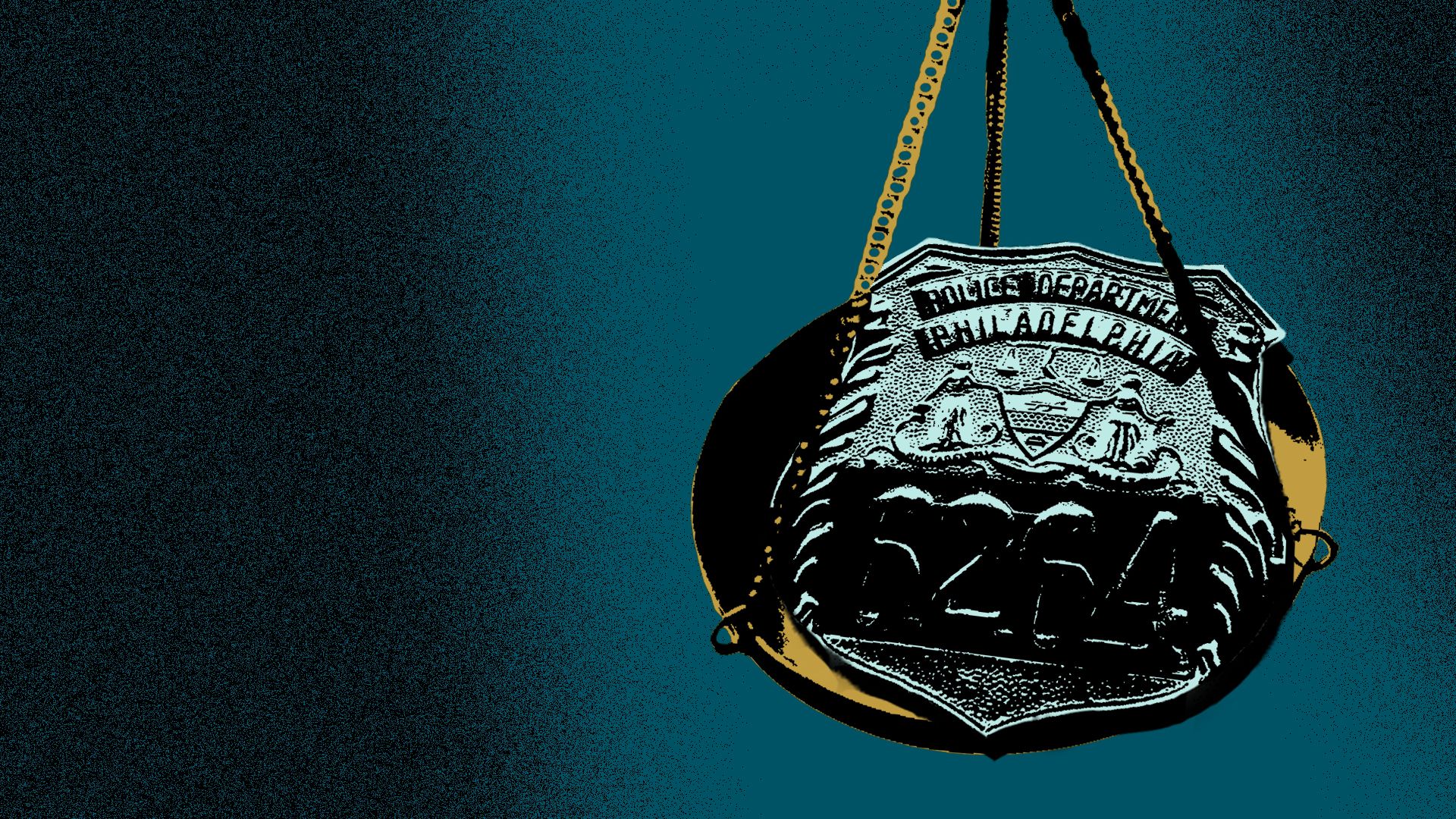 Photo illustration of a Philadelphia police badge on a plate from the scales of justice.