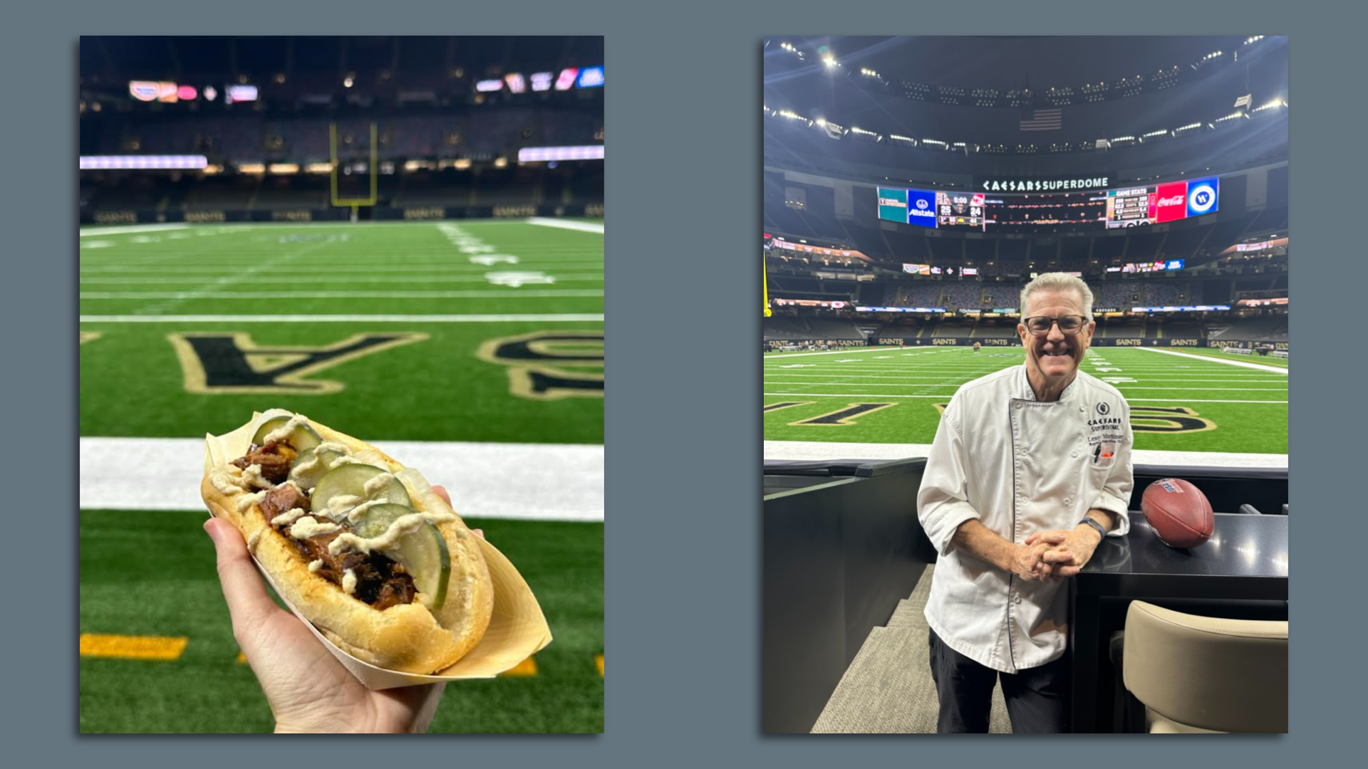 Photos shows food at the Superdome and the executive chef in charge of the program