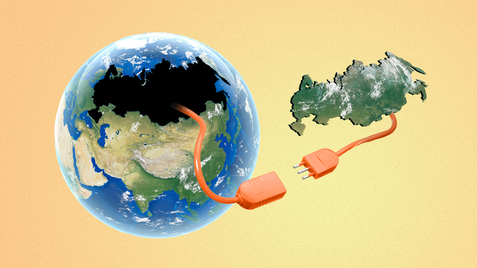 Illustration of a globe with an unplugged extension cable leading from an empty Russia-shaped hole in Earth to a floating Russia which has the other end of the extension cable hanging from it.