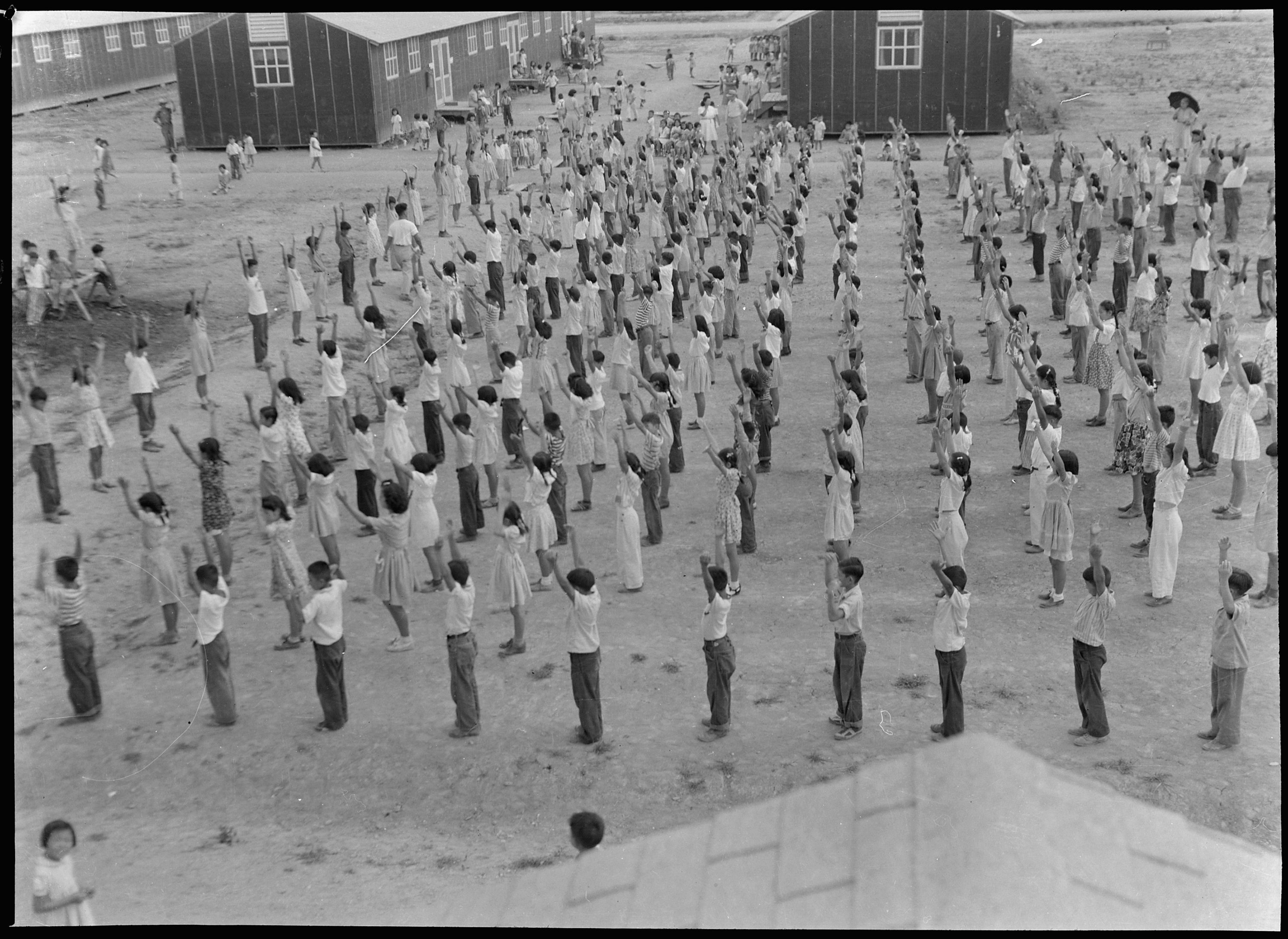 Aerial view of children stretching.