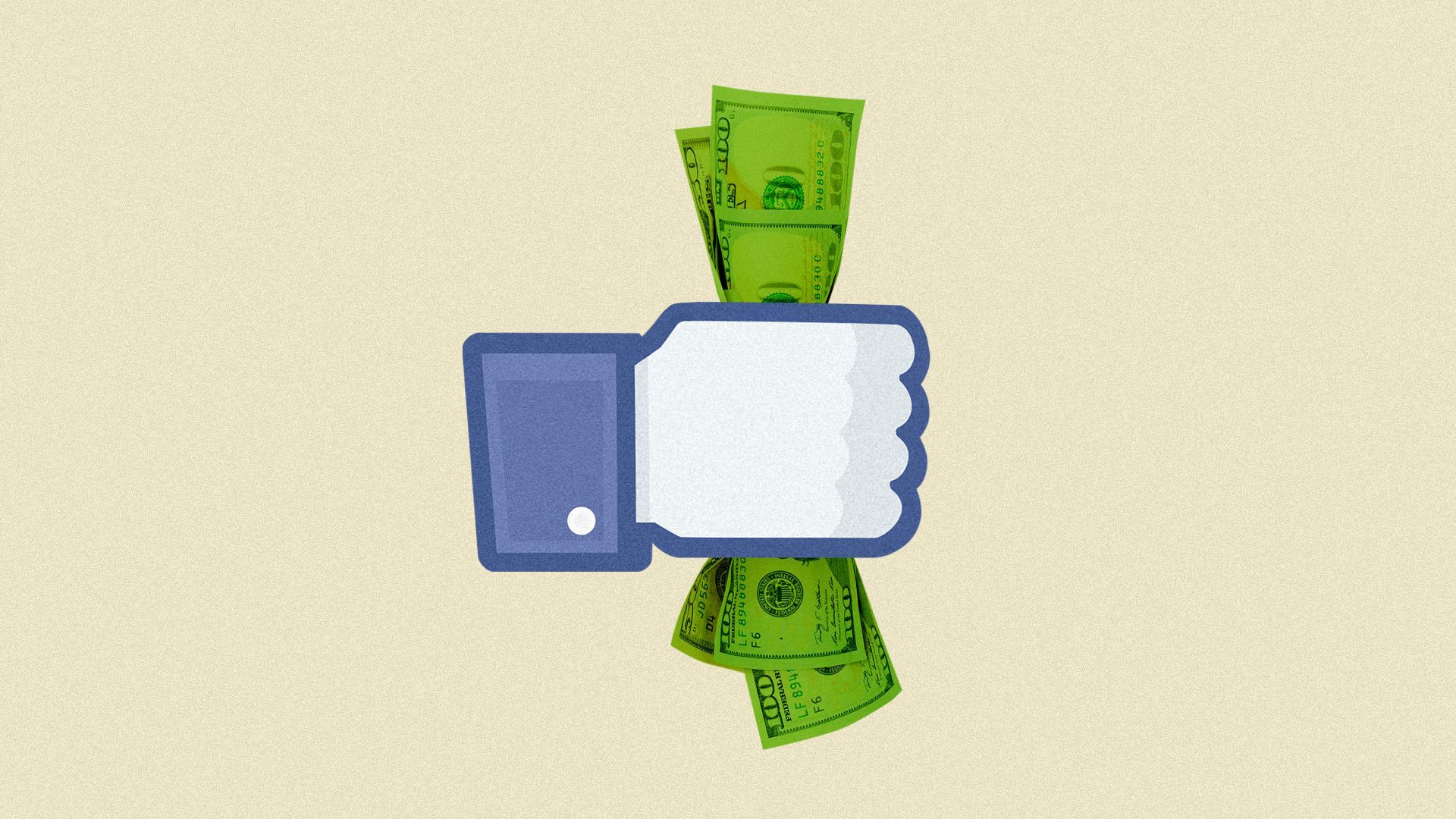 Illustration of the Facebook like icon holding cash. 