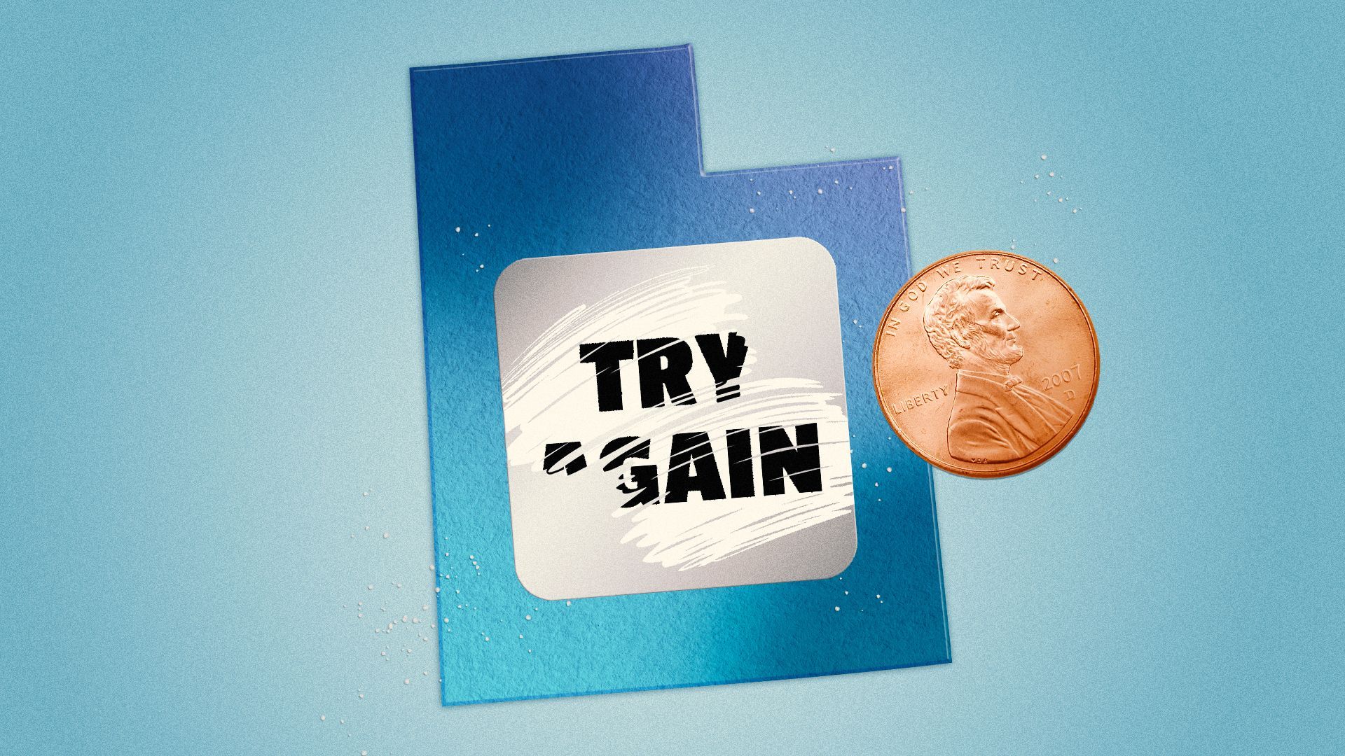 Illustration of a scratch card in the shape of Utah, with the scratch off area revealing the words "Try Again". 