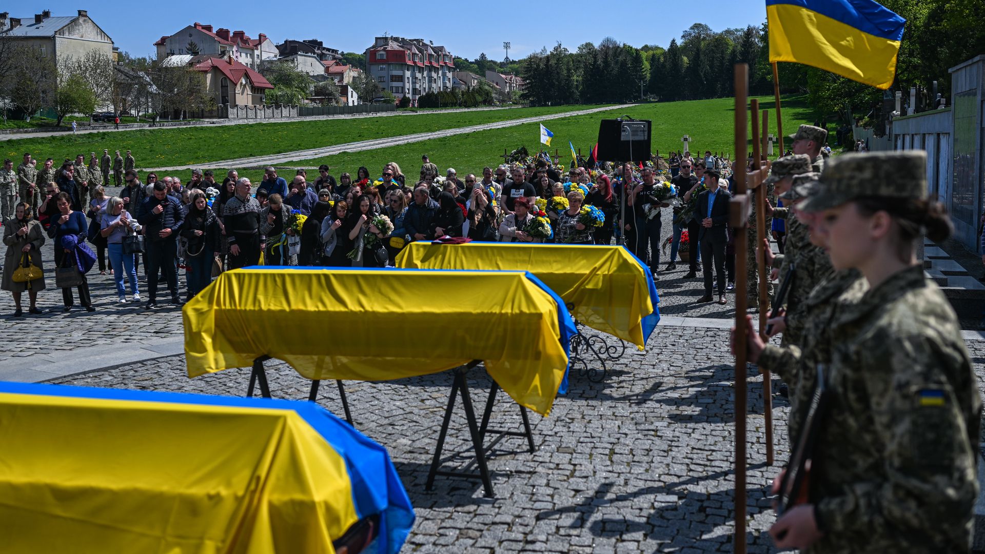A funeral held for three Ukrainian soldiers in Lviv, Ukraine, on May 6.