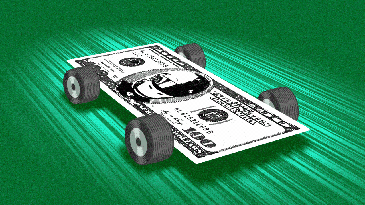 Animated illustration of a hundred dollar bill with wheels driving like a race car. The person on the bill is wearing a racing helmet.
