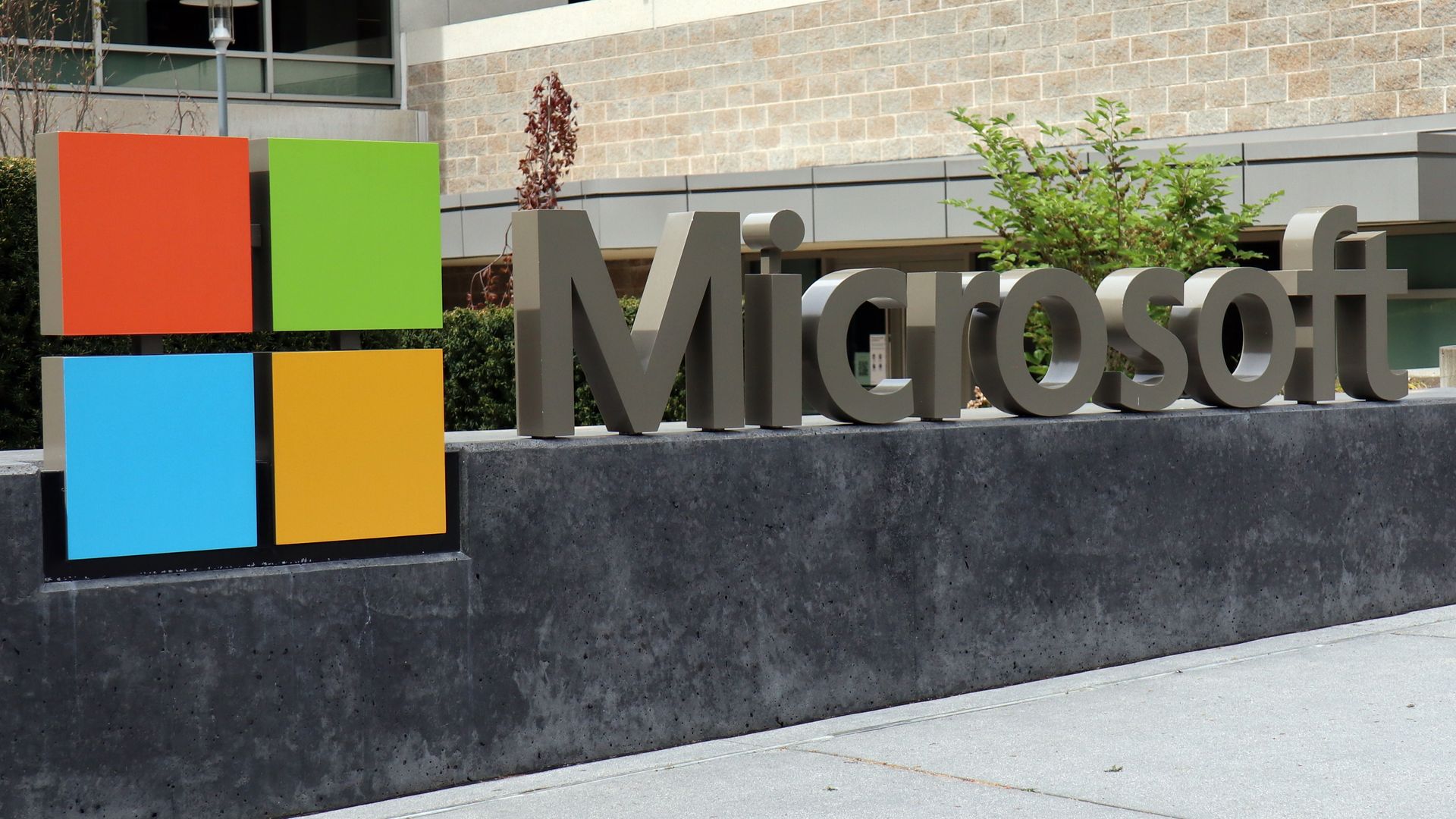 Photo of the Microsoft logo outside of the company's corporate headquarters