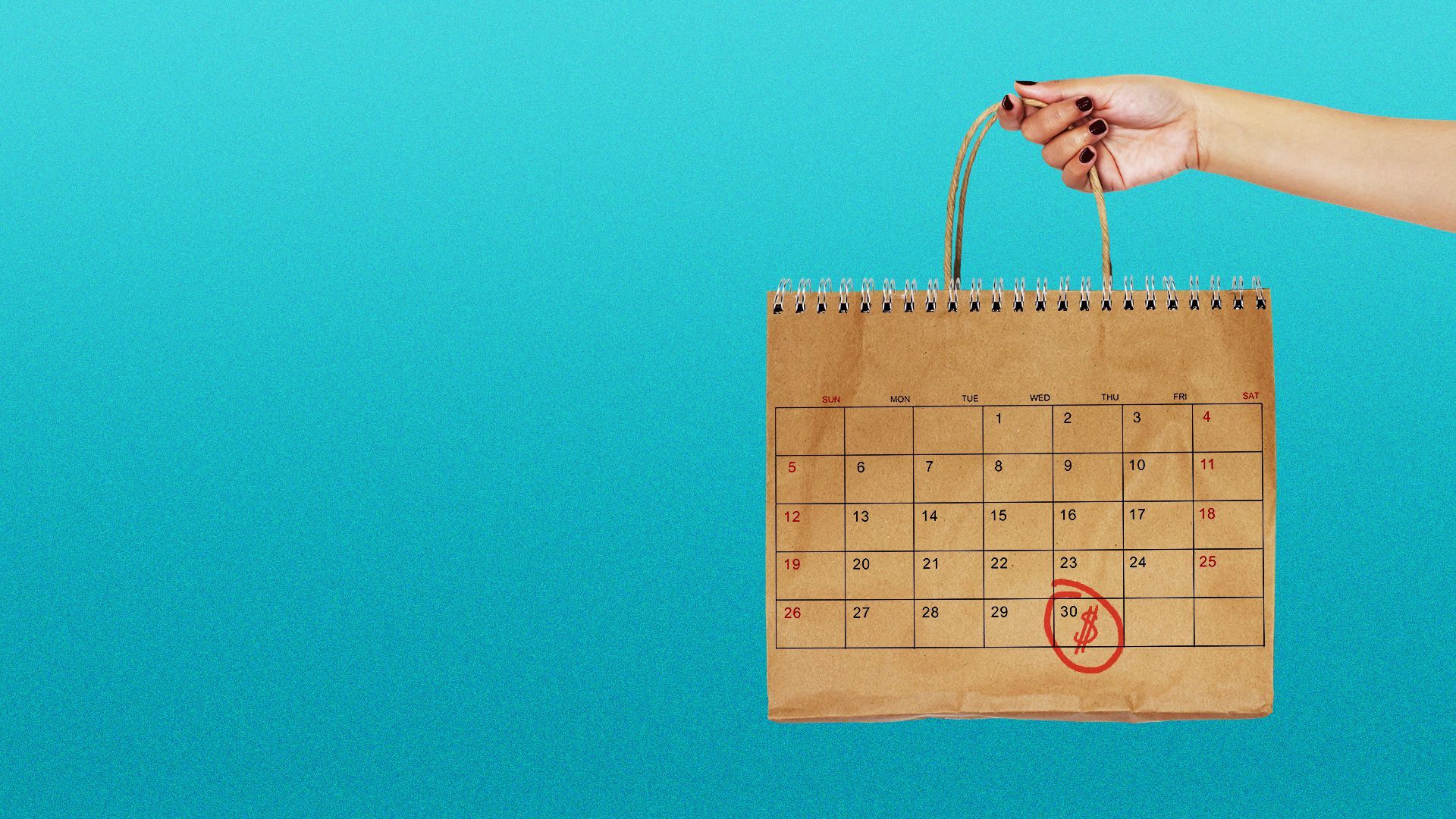 Illustration of a person holding a shopping bag made out of a calendar. 