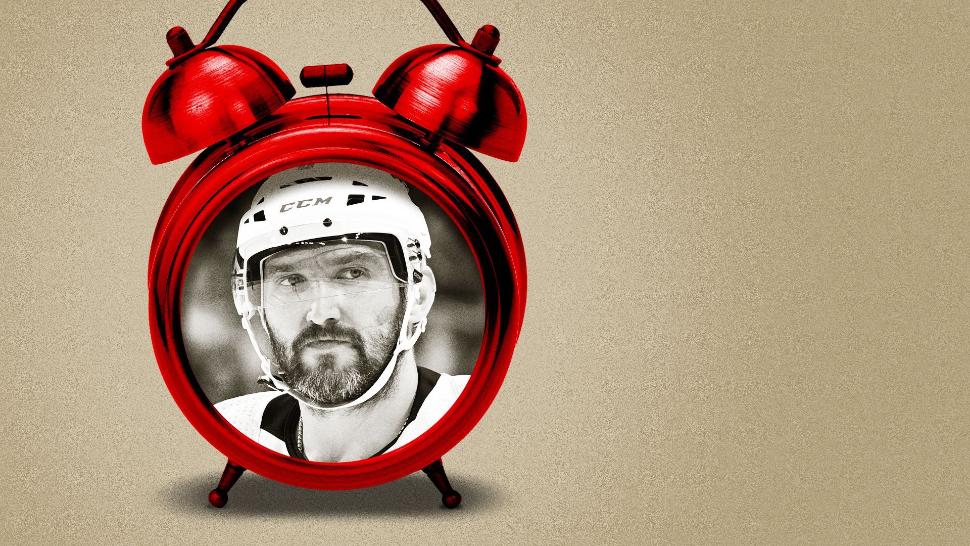 Photo illustration collage of Alex Ovechkin inside a red alarm clock.