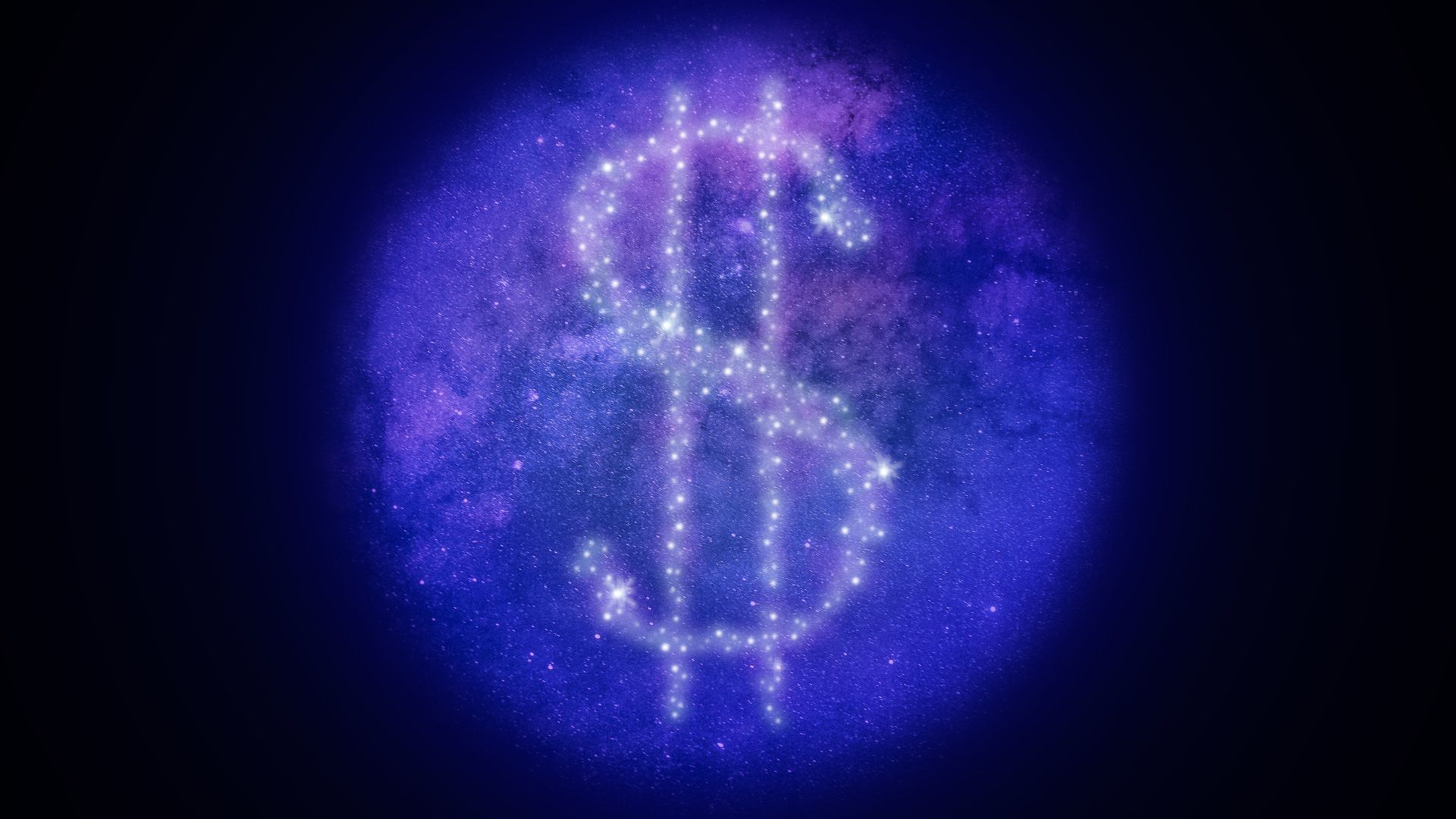 Illustration of a cluster of stars in the shape of a dollar sign as scene through a telescope lens