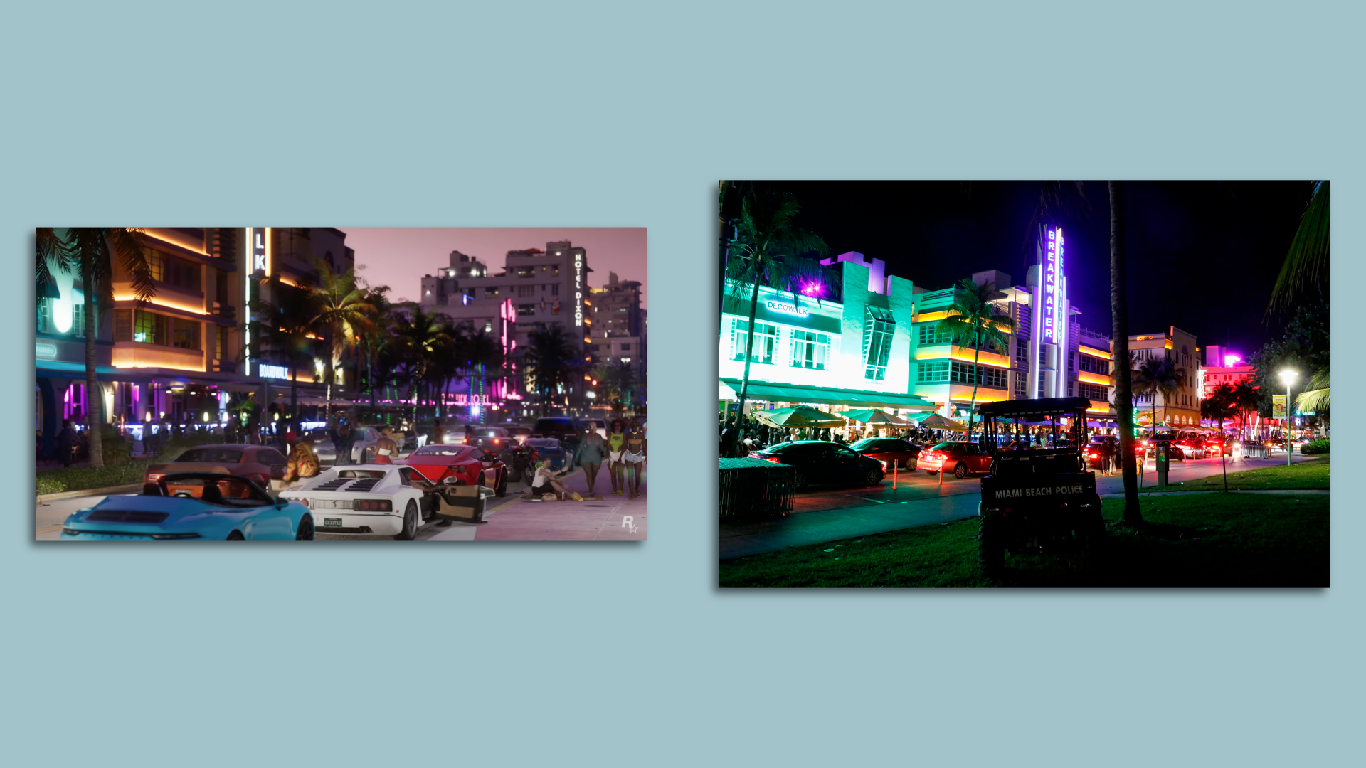 A side-by-side shows Ocean Drive and its fictional counterpart in GTA VI.