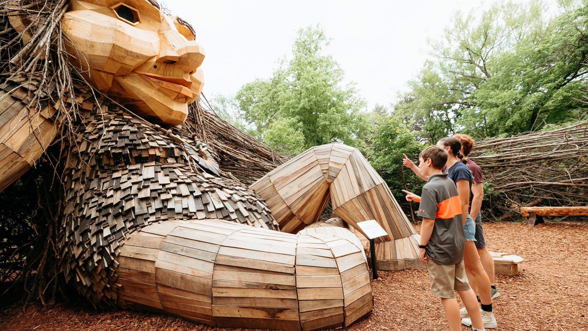Three people observing a large wooden sculpture of a reclining figure with a face, made from planks and small wood shingles, set outdoors among green trees and wood chips.