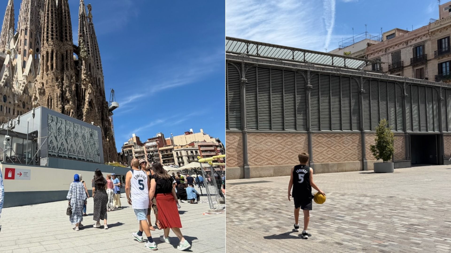 Split image: left shows La Sagrada Família spires against a blue sky with visitors and a construction barrier; right shows a metal-louvered wall on a city street and a boy in a black jersey with 5.