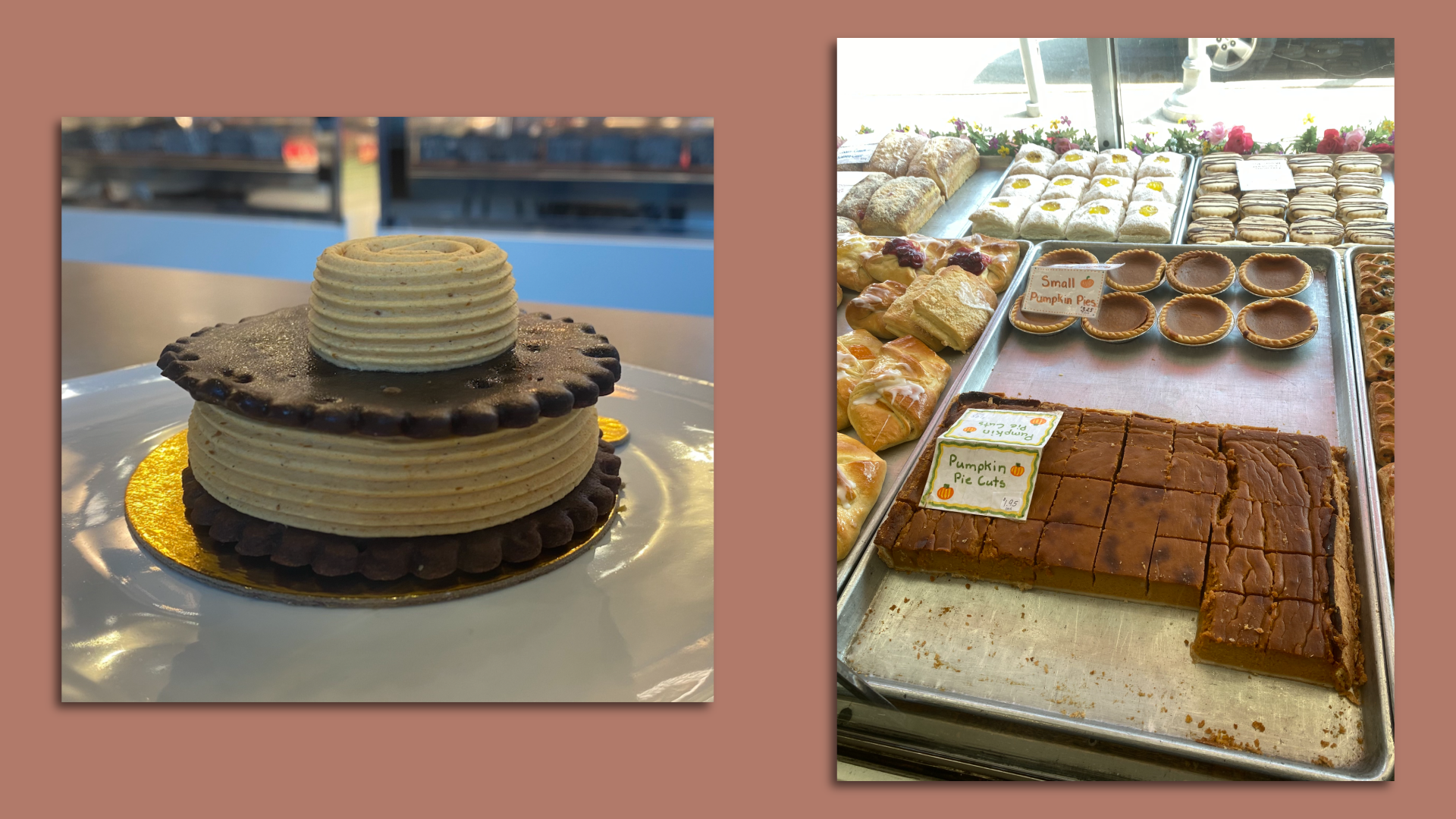 A photo of a chocolate sandwich cookie with elegantly piped pumpkin cream inside speckled with spices. A second photo is of a large tray of pumpkin pie bars.