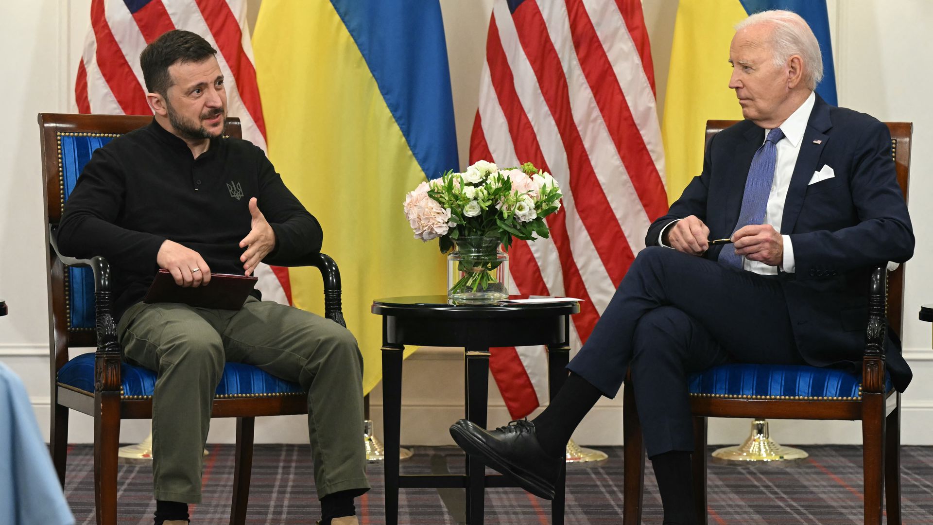 oe Biden (R) and Ukraine's President Volodymyr Zelensky (L) hold a bilateral meeting at the Intercontinental Hotel in Paris, on June 7,