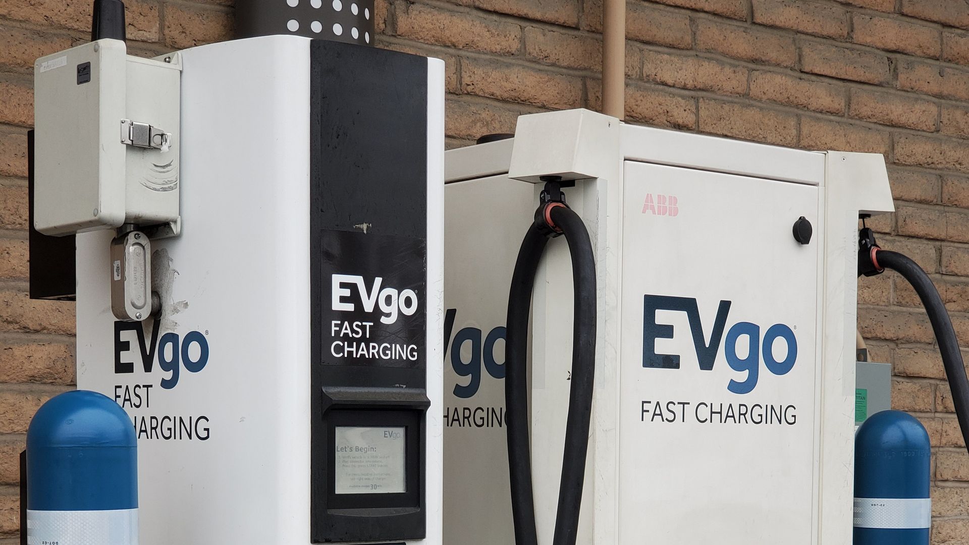 Angled view of EVgo fast-charging machines in an electric charging station in Lafayette, California, December 21, 2020.