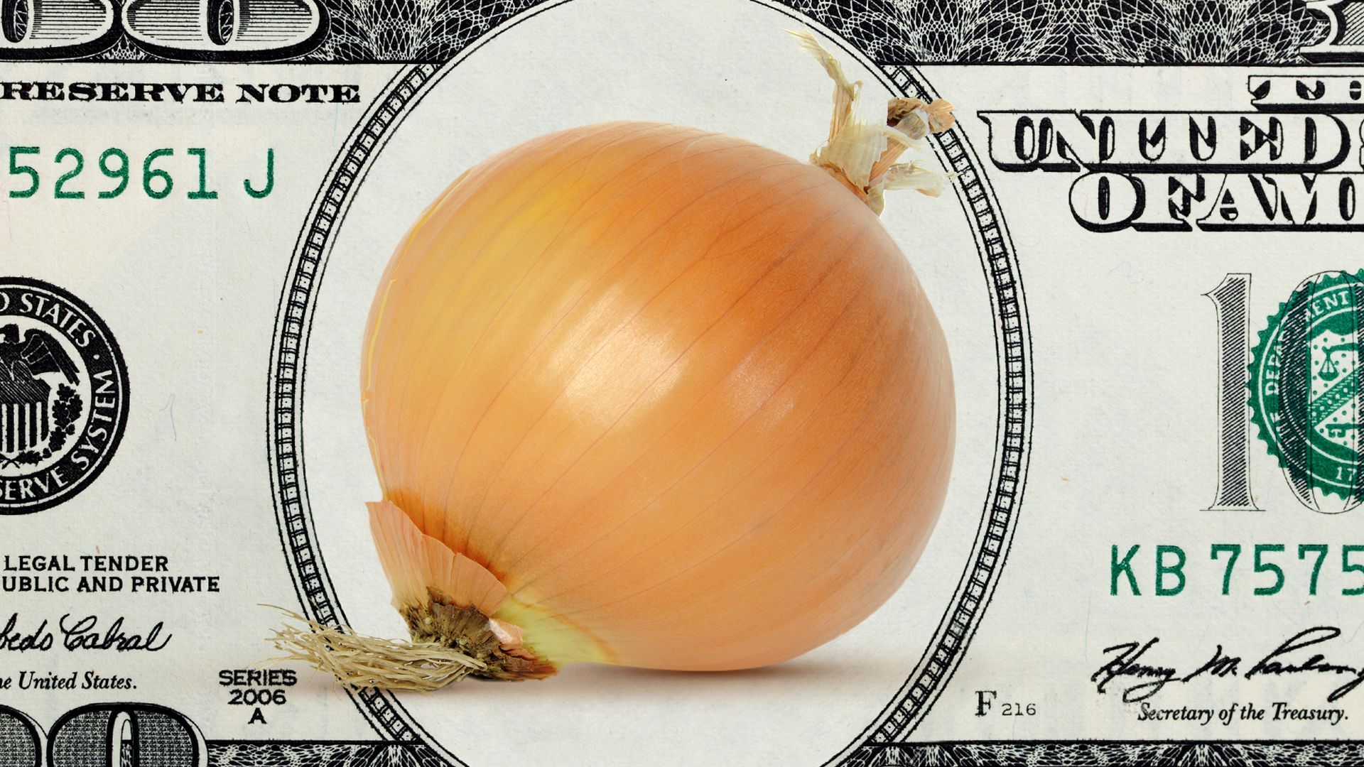 Illustration of a hundred dollar bill with a yellow onion sitting in the middle