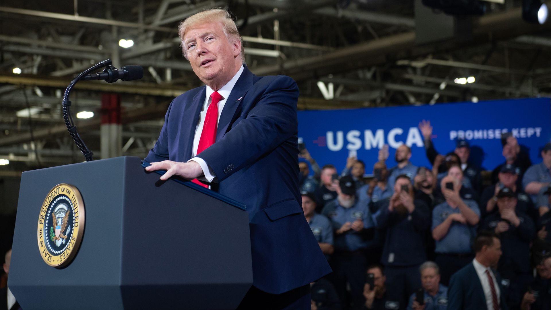Trump speaks about the United States-Mexico-Canada agreement (USMCA) in 2020 in Michigan.