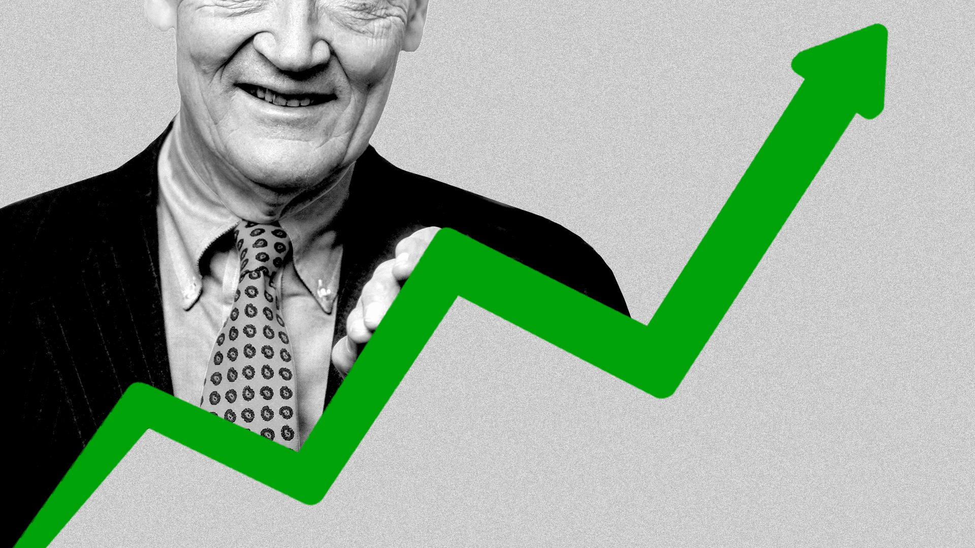 Illustration of Jack Bogle and an upward trending market line.