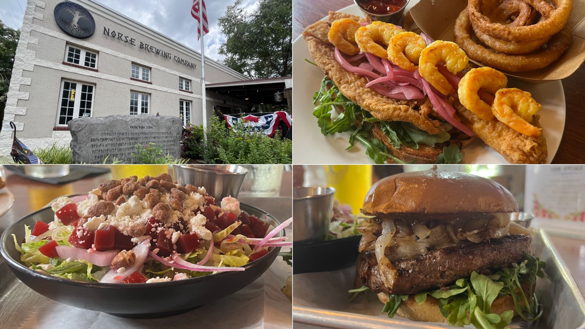 Quad collage: Norse Brewing exterior with a Viking rune stone; fried fish sandwich with onions and greens and shrimp, plus onion rings; beet and feta salad; burger with caramelized onions and greens.