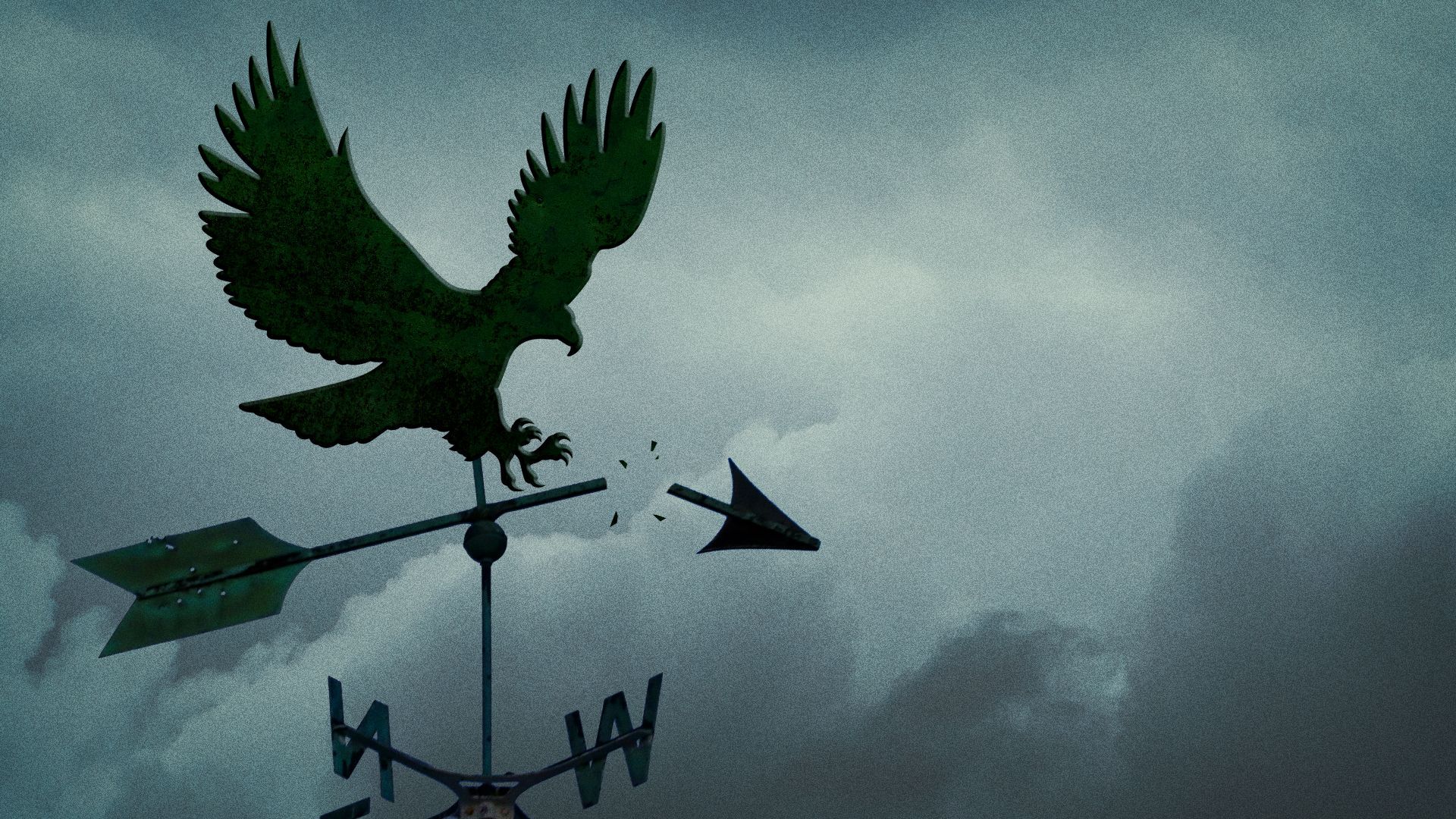 Illustration of a broken weather vane with an eagle instead of a rooster. 