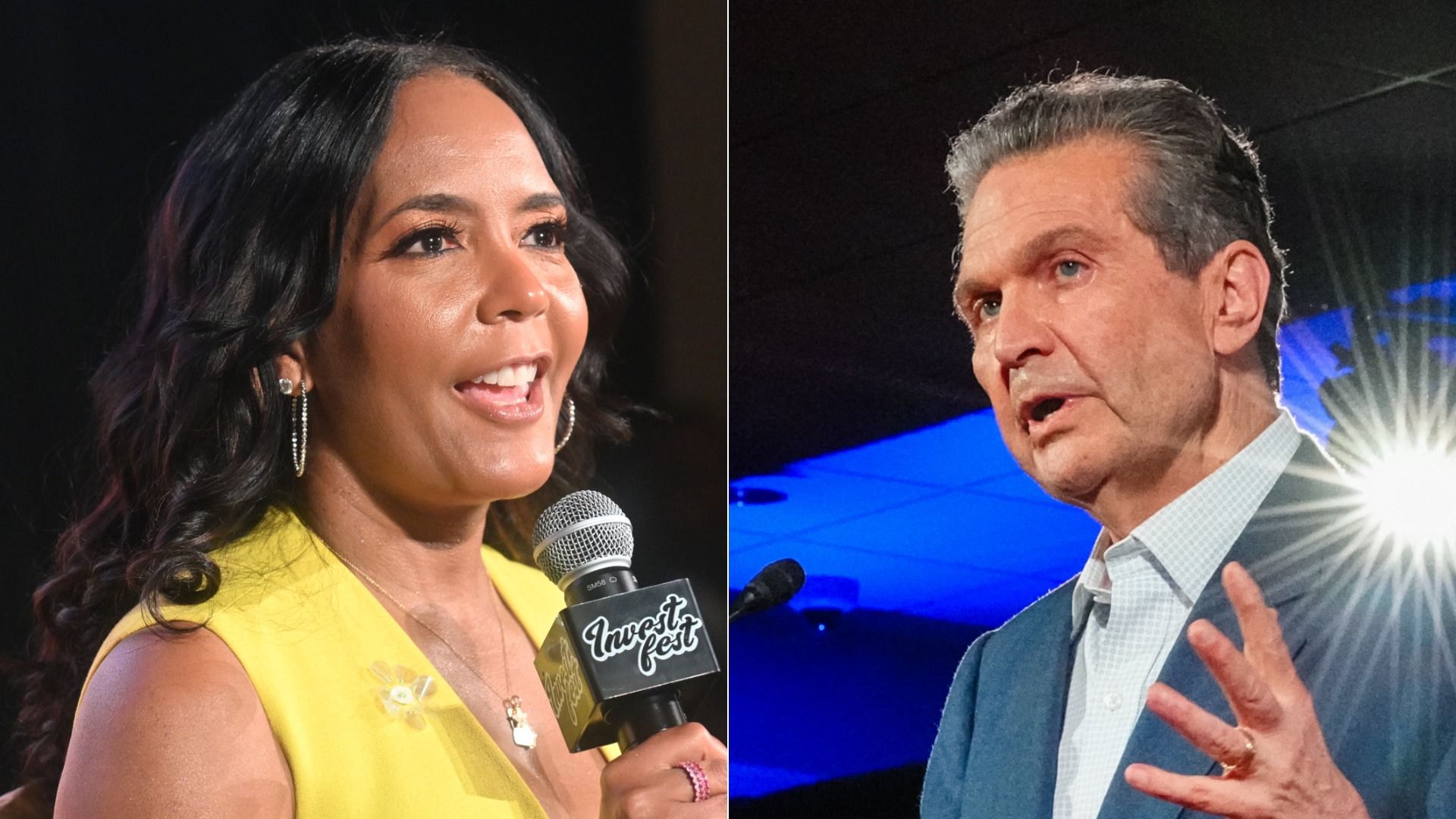 Side by side photos of a Black woman wearing a yellow top while speaking into an "InvestFest" microphone and a white man wearing a dark gray jacket and collared shirt while speaking to a crowd.