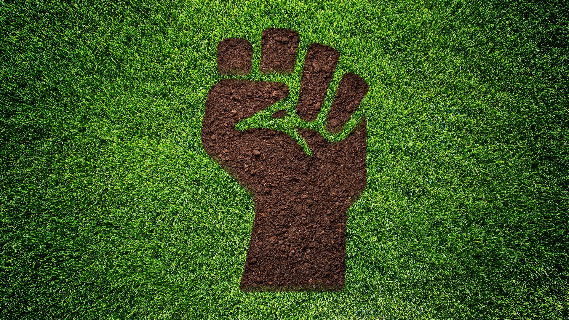 Illustration of a fist made in the grass. 