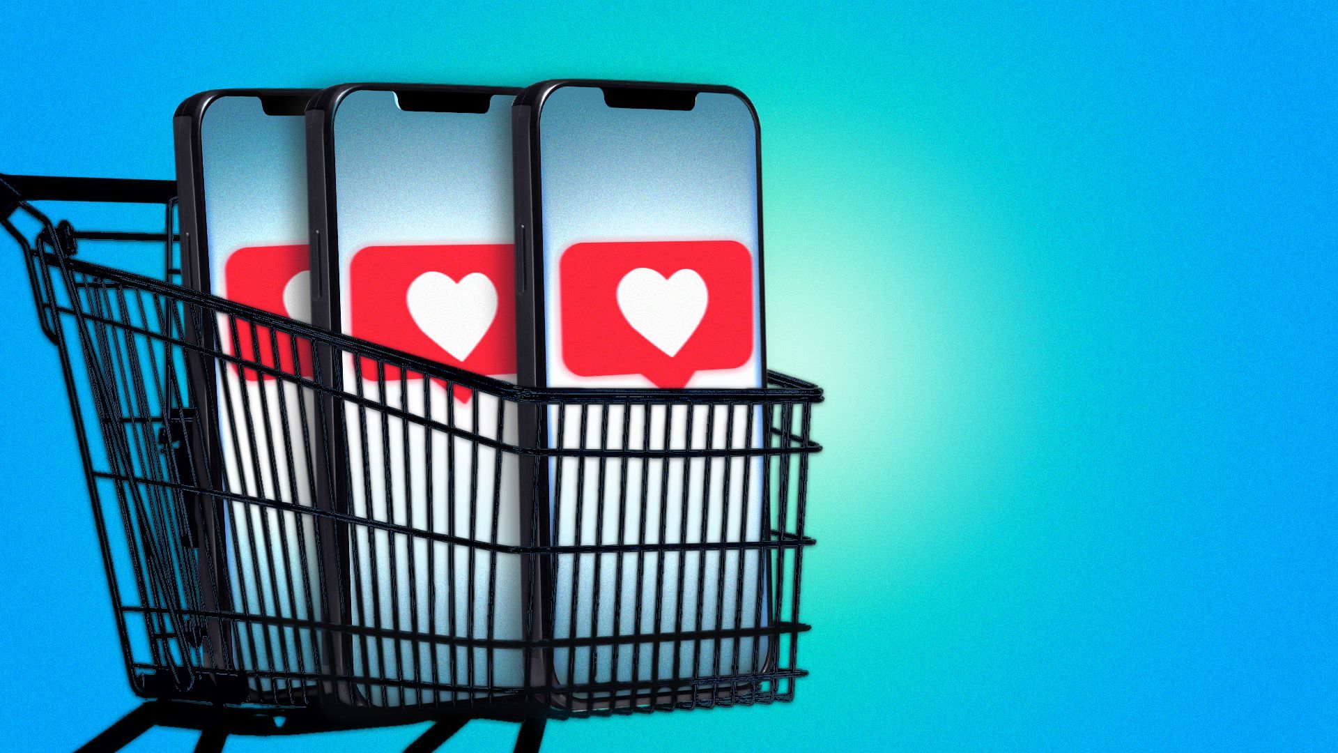 Illustration of three cellphones, each with a "like" icon, in a shopping cart.