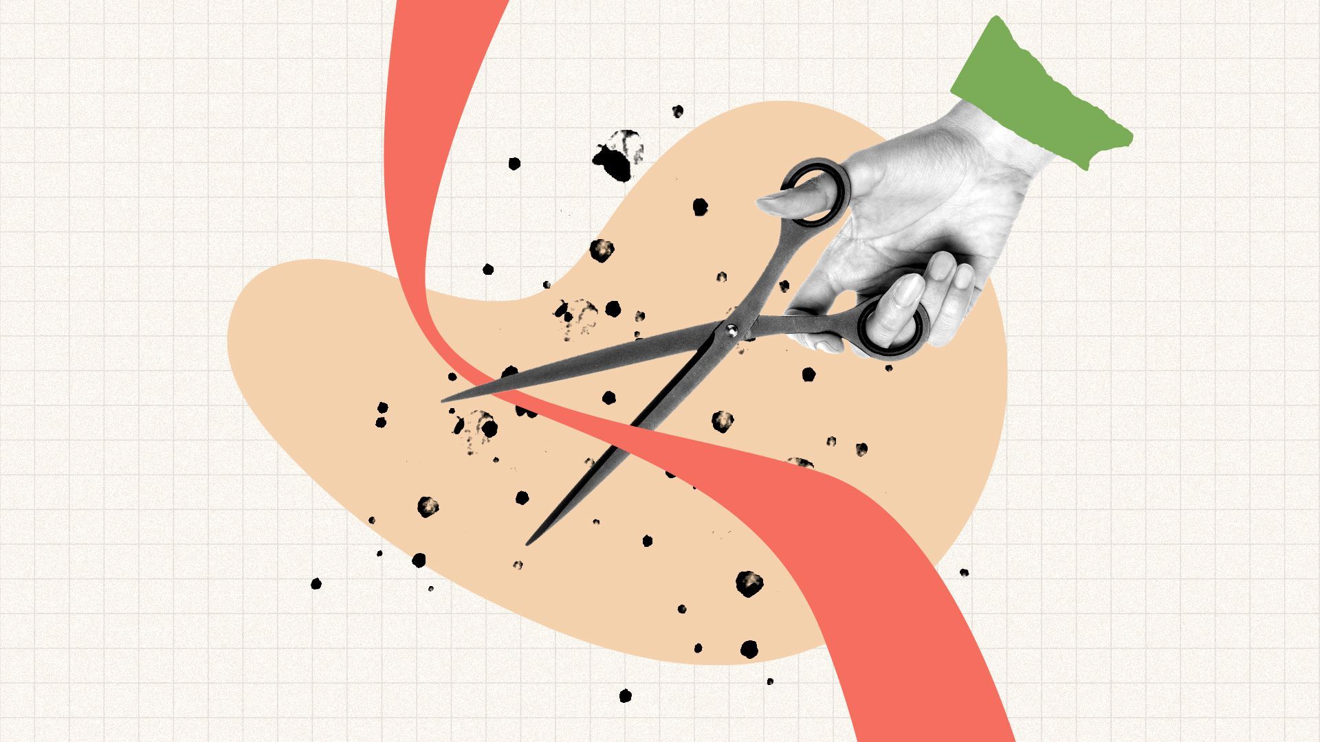 Illustrated collage of a hand holding scissors cutting a piece of abstract red tape. 