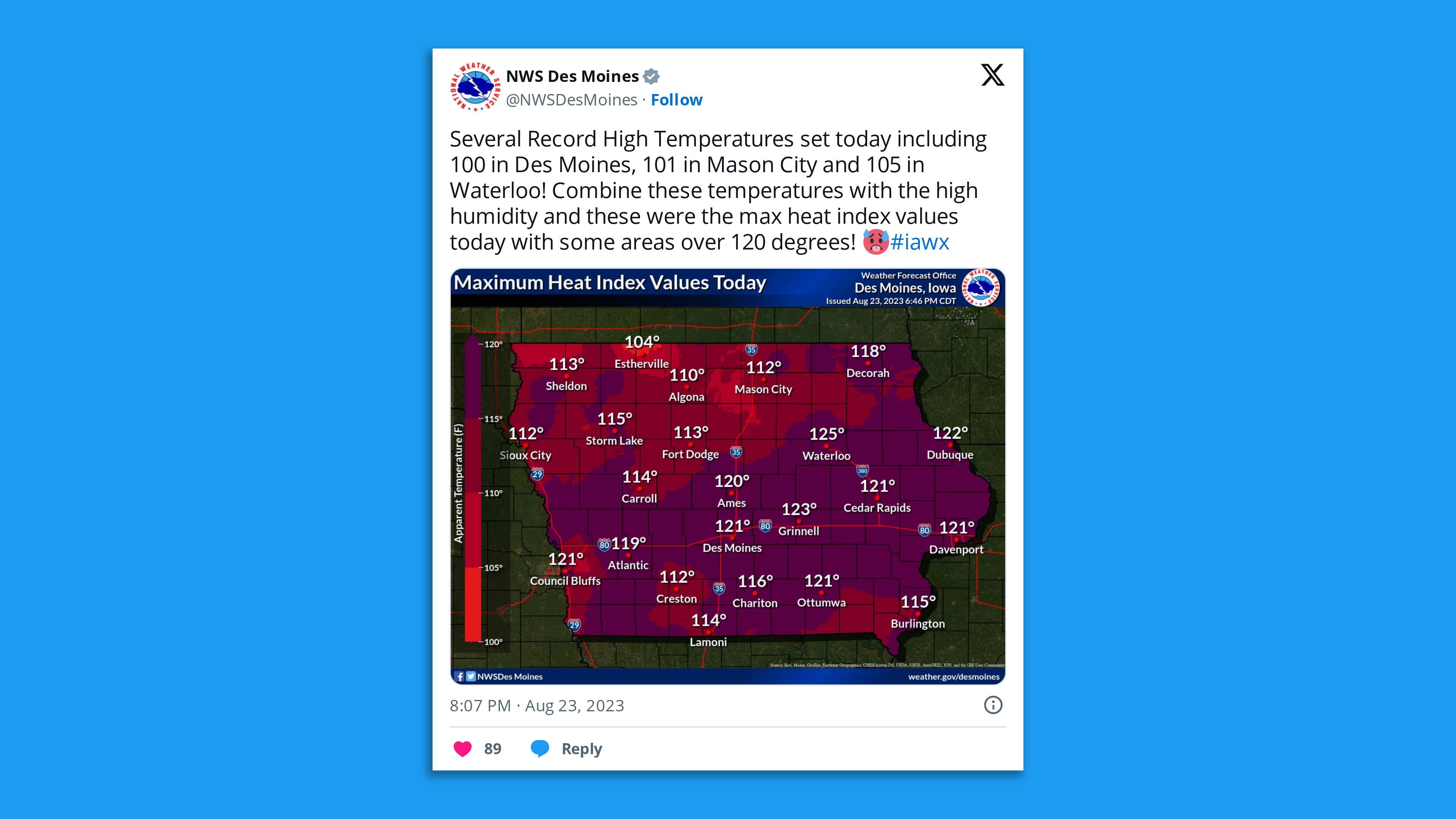 A screenshot of an NWS Des Moines tweet, saying: "Several Record High Temperatures set today including 100 in Des Moines, 101 in Mason City and 105 in Waterloo! Combine these temperatures with the high humidity and these were the max heat index values today with some areas over 120 degrees!"