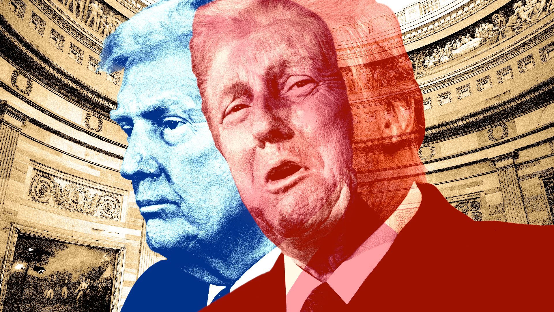 Photo illustration of two Donald Trumps overlaying the interior of the Capitol.