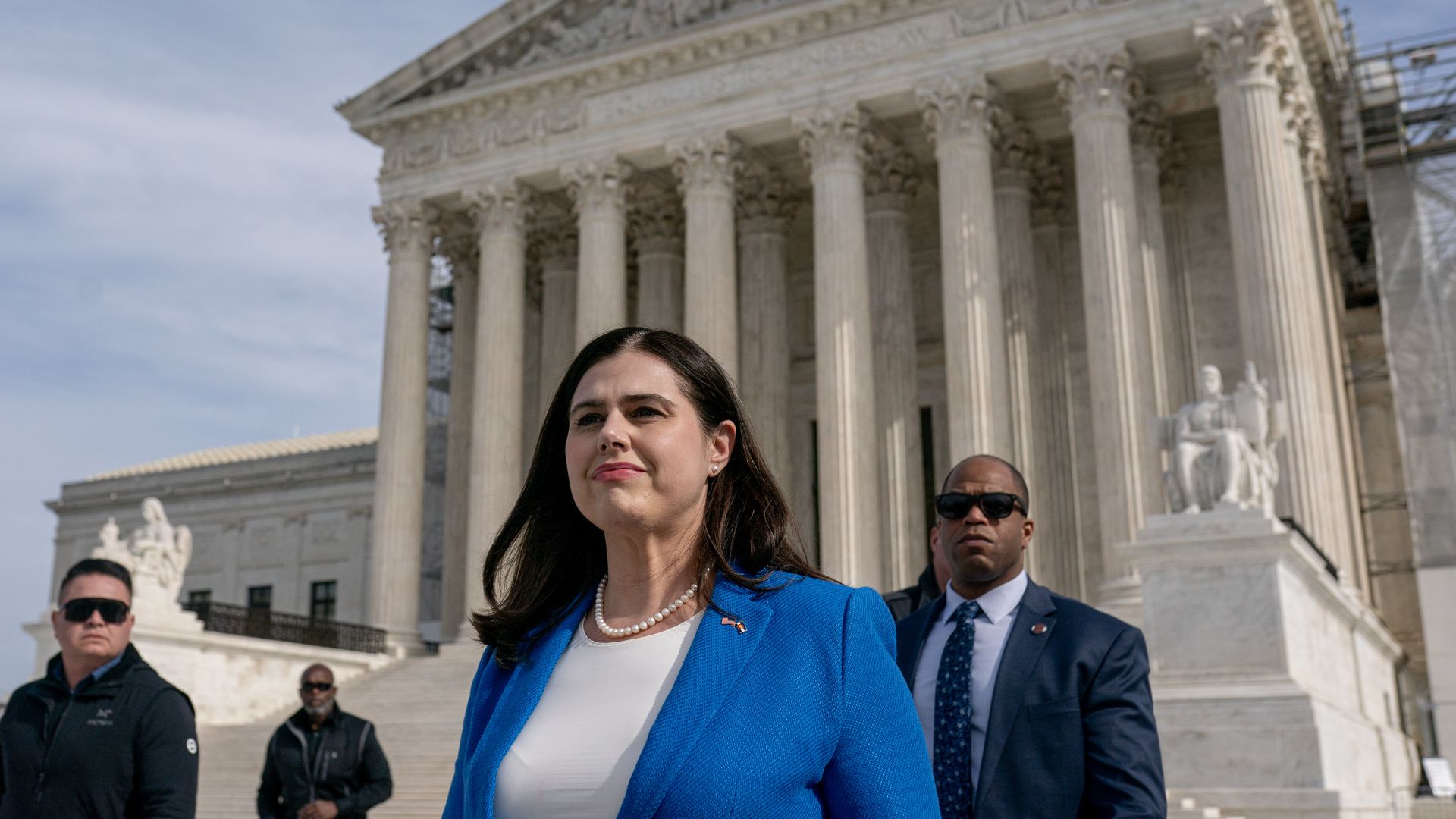 Jena Griswold outside the U.S. Supreme Court in Washington, D.C., on Feb. 8. Photo: Nathan Howard/Bloomberg via Getty Images