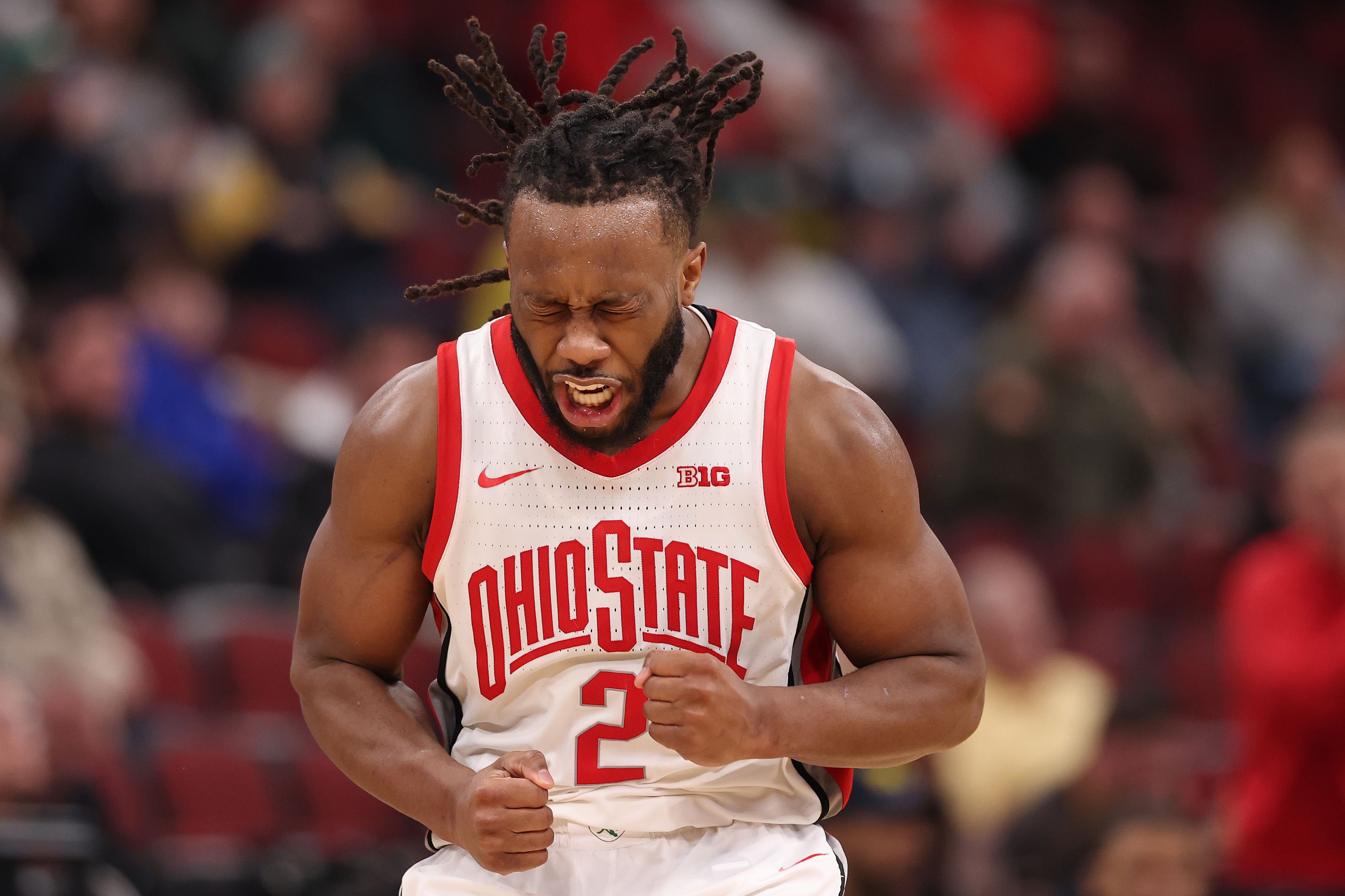 Ohio State men's basketball player Bruce Thornton celebrates