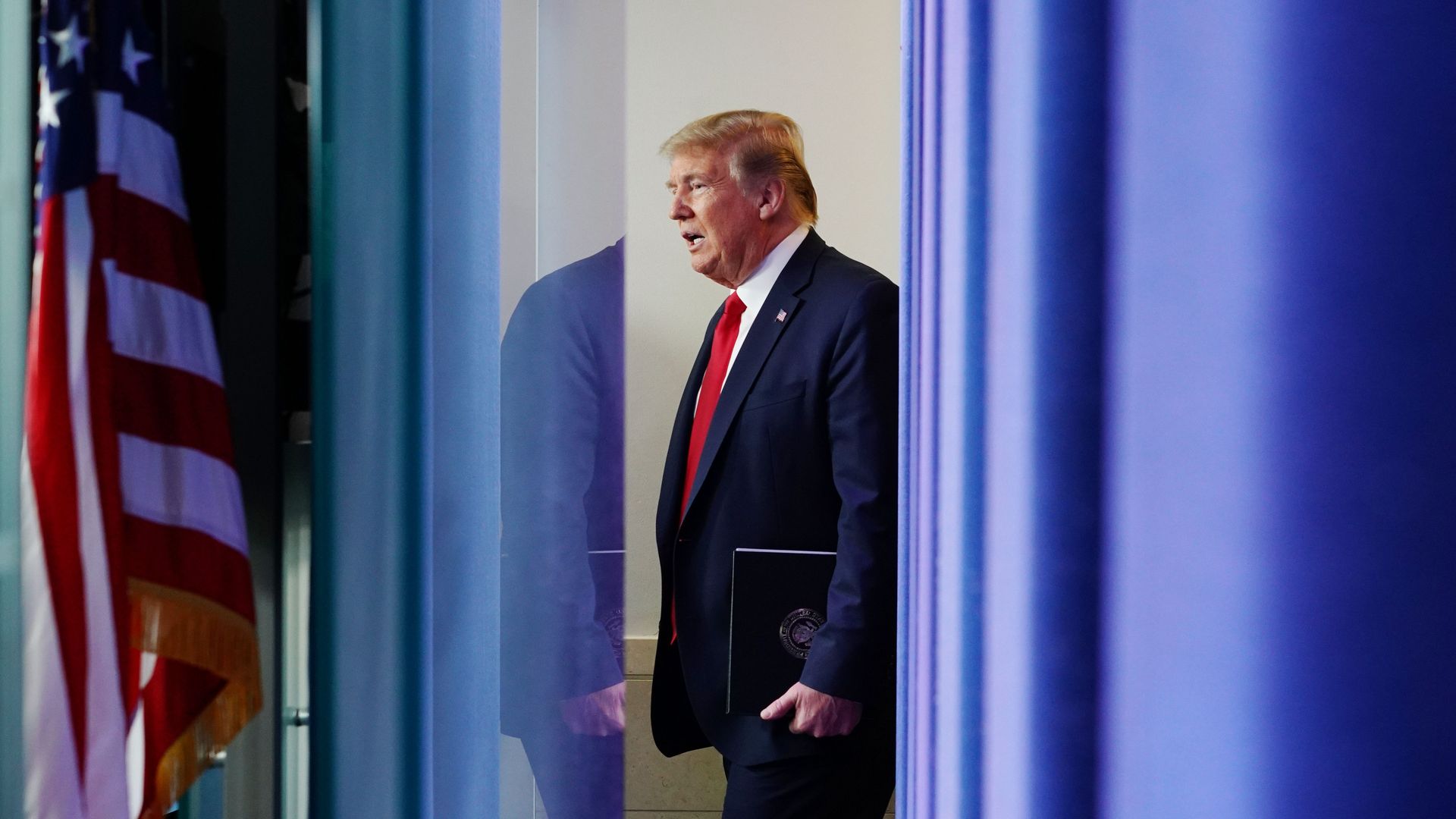 President Donald Trump arrives for the daily briefing on the coronavirus