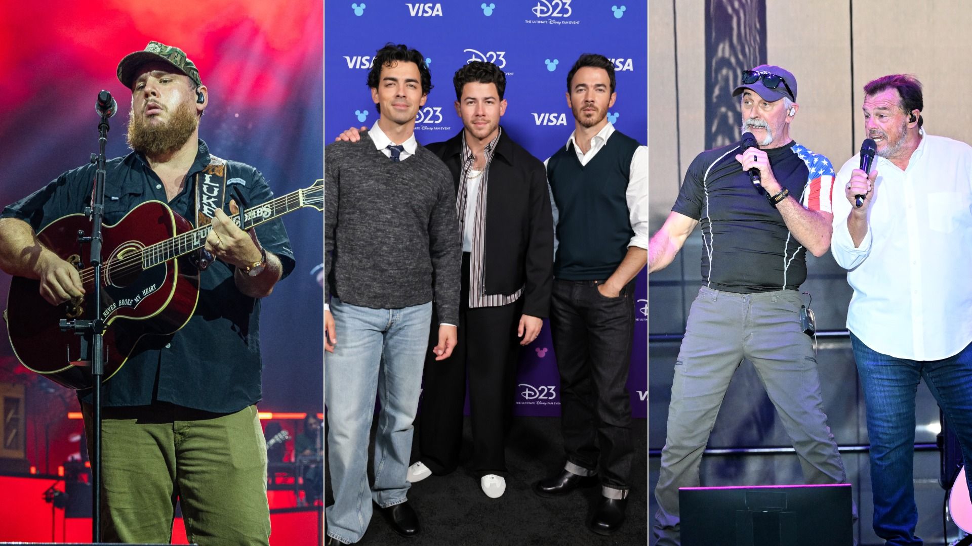 Side-by-side photos of Luke Combs singing with a guitar, all three jonas brothers posing in front of a step-and-repeat and two older men from roots and boots singing into mics.