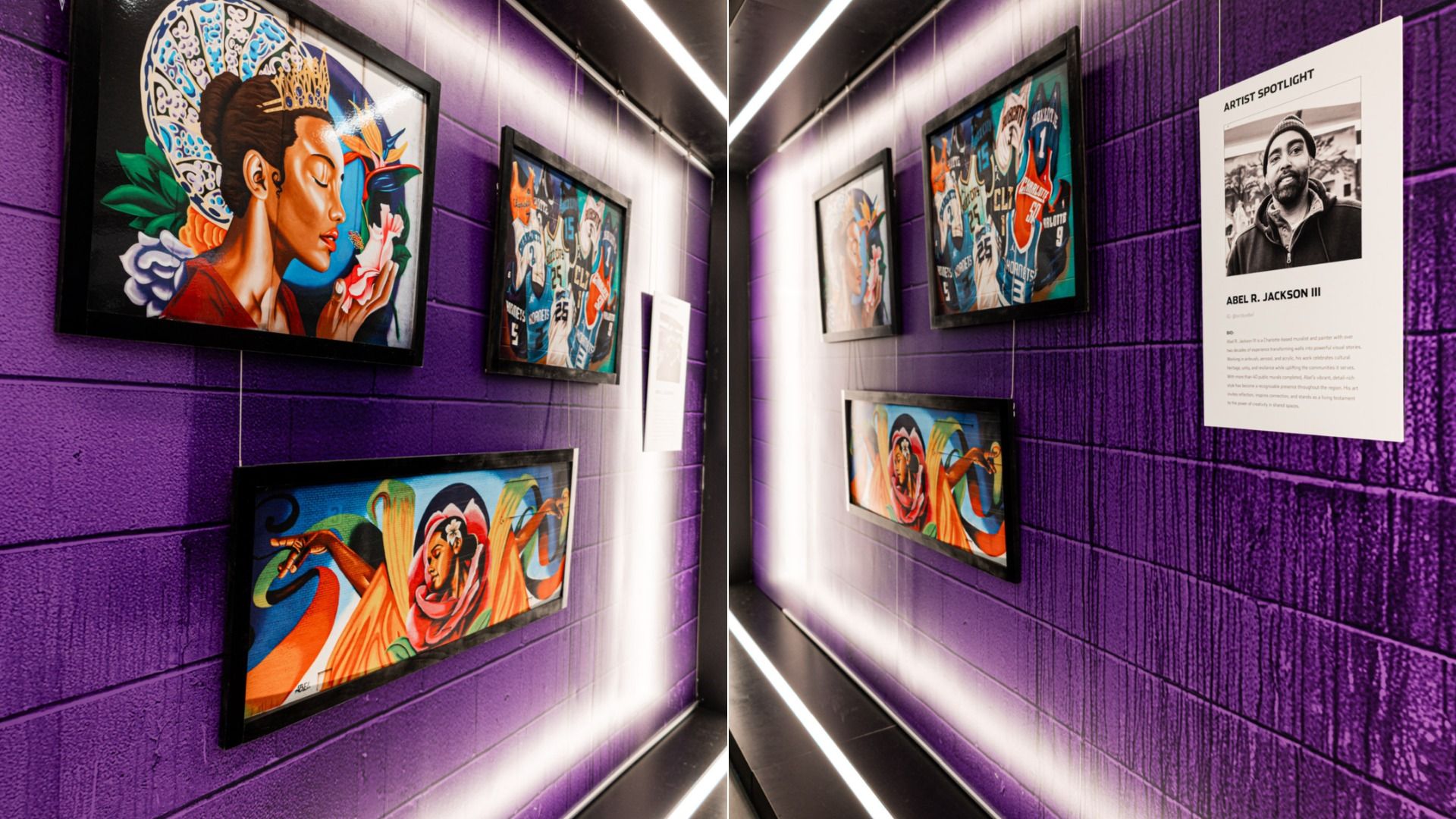 Two purple brick gallery walls meet at a mirrored corner, displaying framed art: a crowned woman with flowers, abstract dancers, and a white panel with a black-and-white portrait on the right.