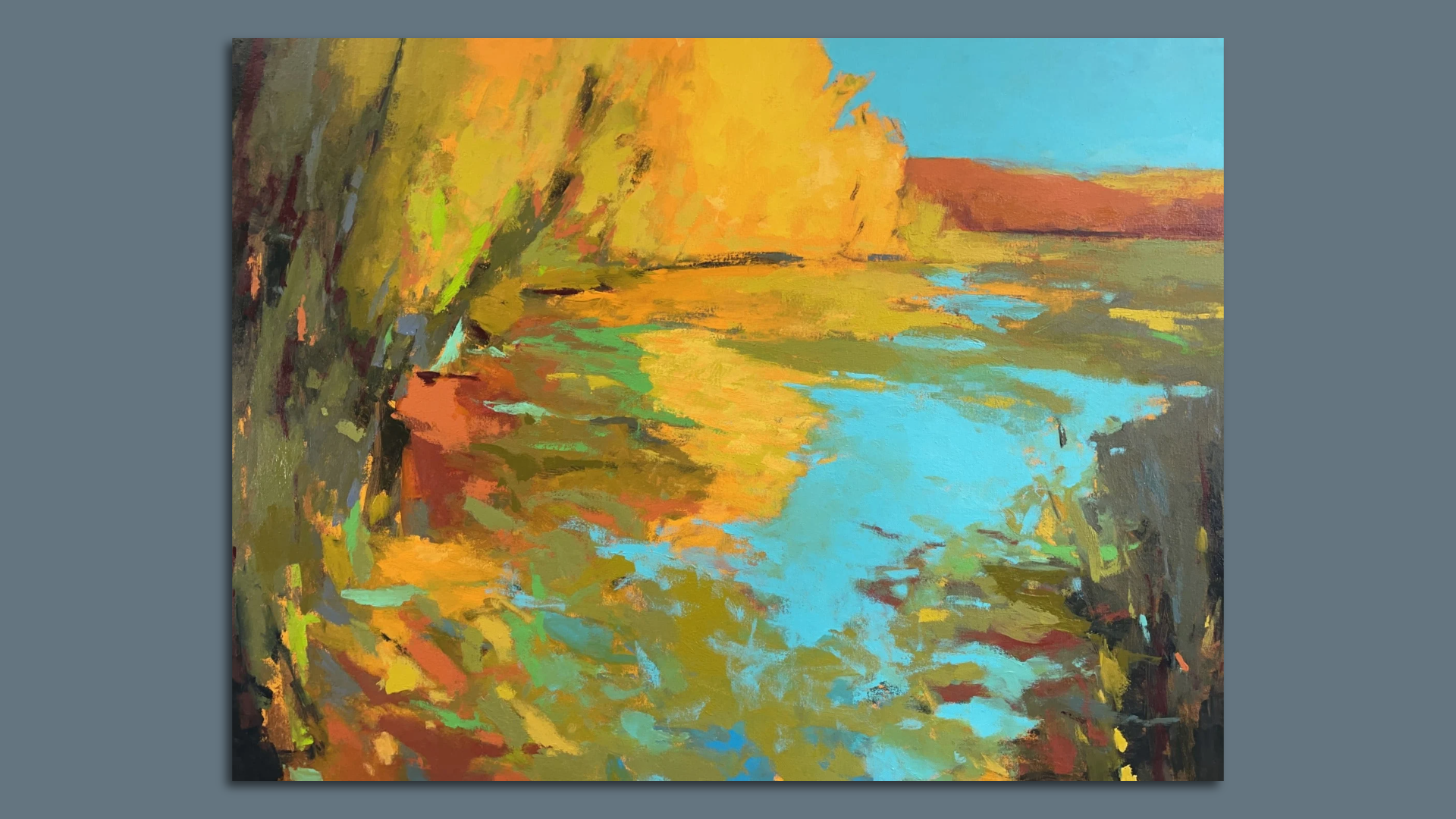 Yellow cliff and turquoise  water of semi abstract painting of a pond