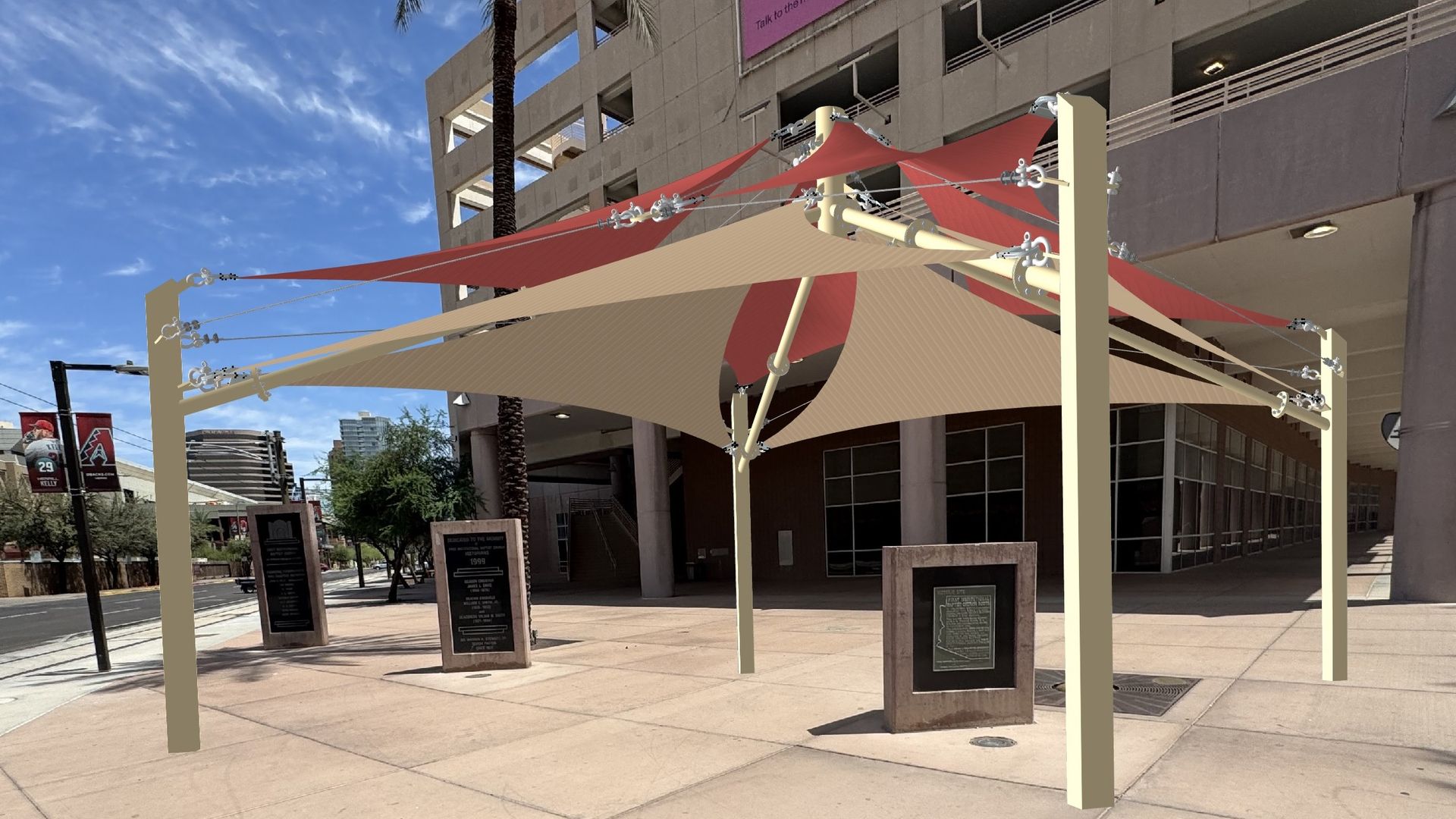 A mock-up of a public plaza with a tensile-sail sculpture: red and tan fabric panels stretched between pale yellow posts, held by cables and pulleys. Urban building, palm tree, and blue sky in the background.