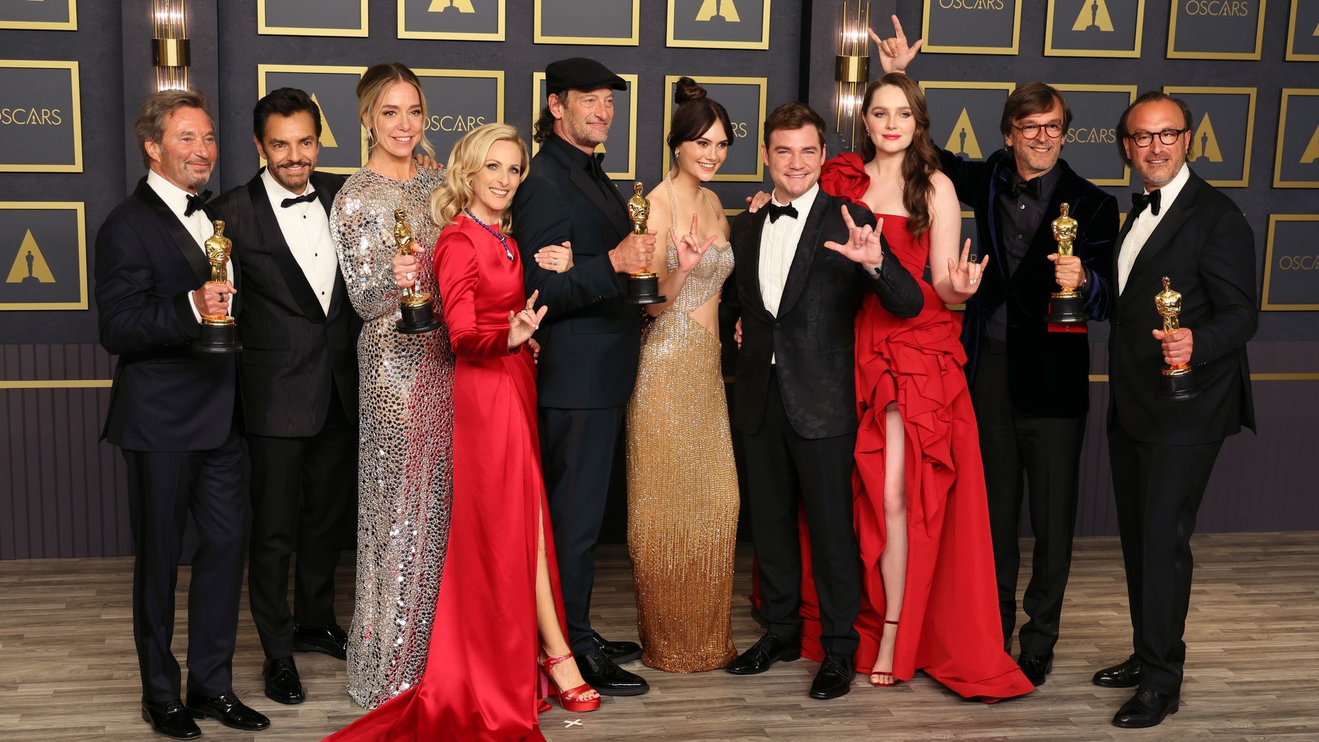 Winners of the Best Picture award for ‘CODA’, pose in the press room at the 94th Annual Academy Awards at Hollywood and Highland on March 27, 2022 in Hollywood, California.