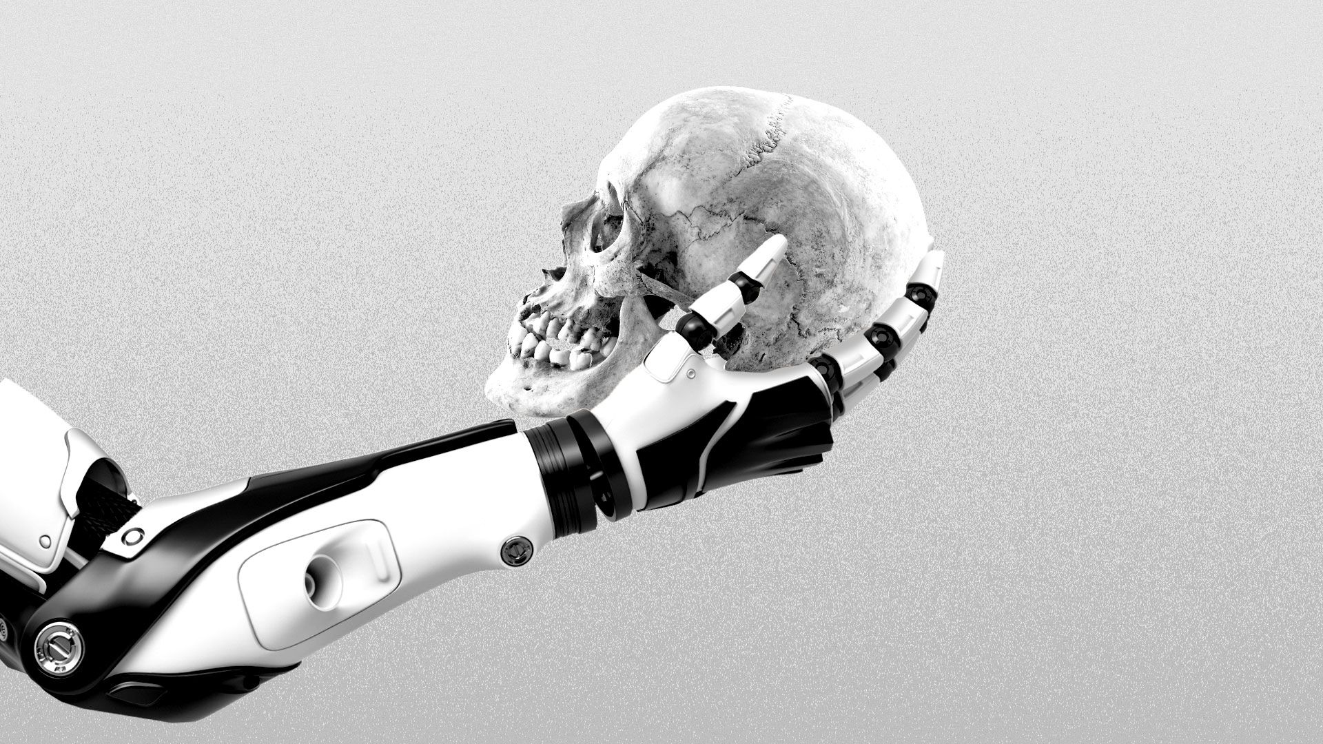 Illustration of a robot arm holding a human skull à la Hamlet